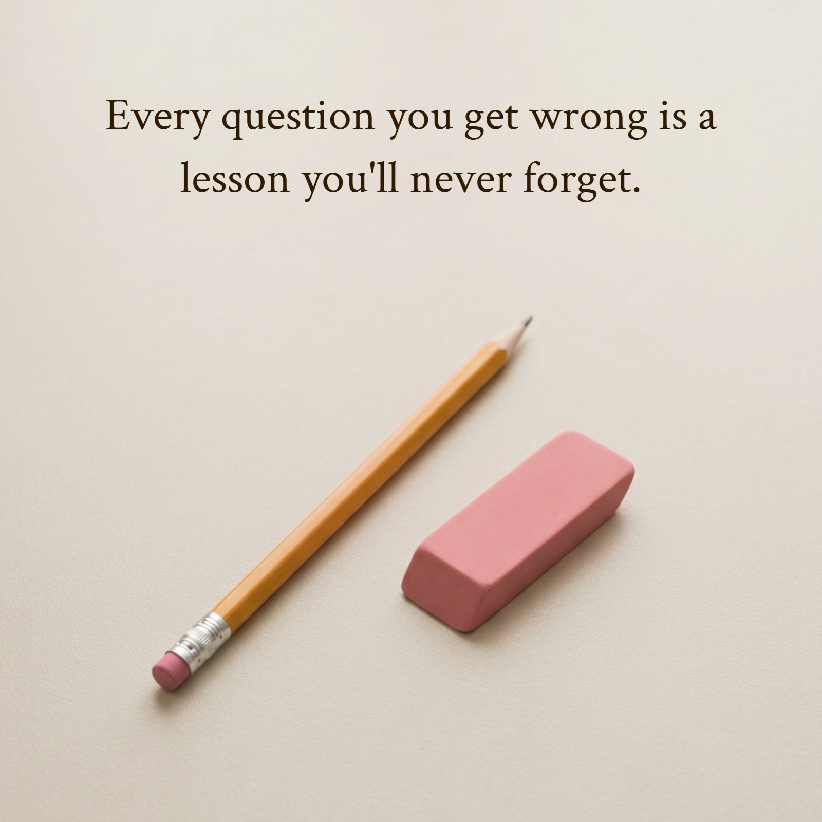 Minimalist overhead photo on a plain desk of a wooden pencil and a rectangular pink eraser, with the overlaid quote text, Every question you get wrong is a lesson you'll never forget.