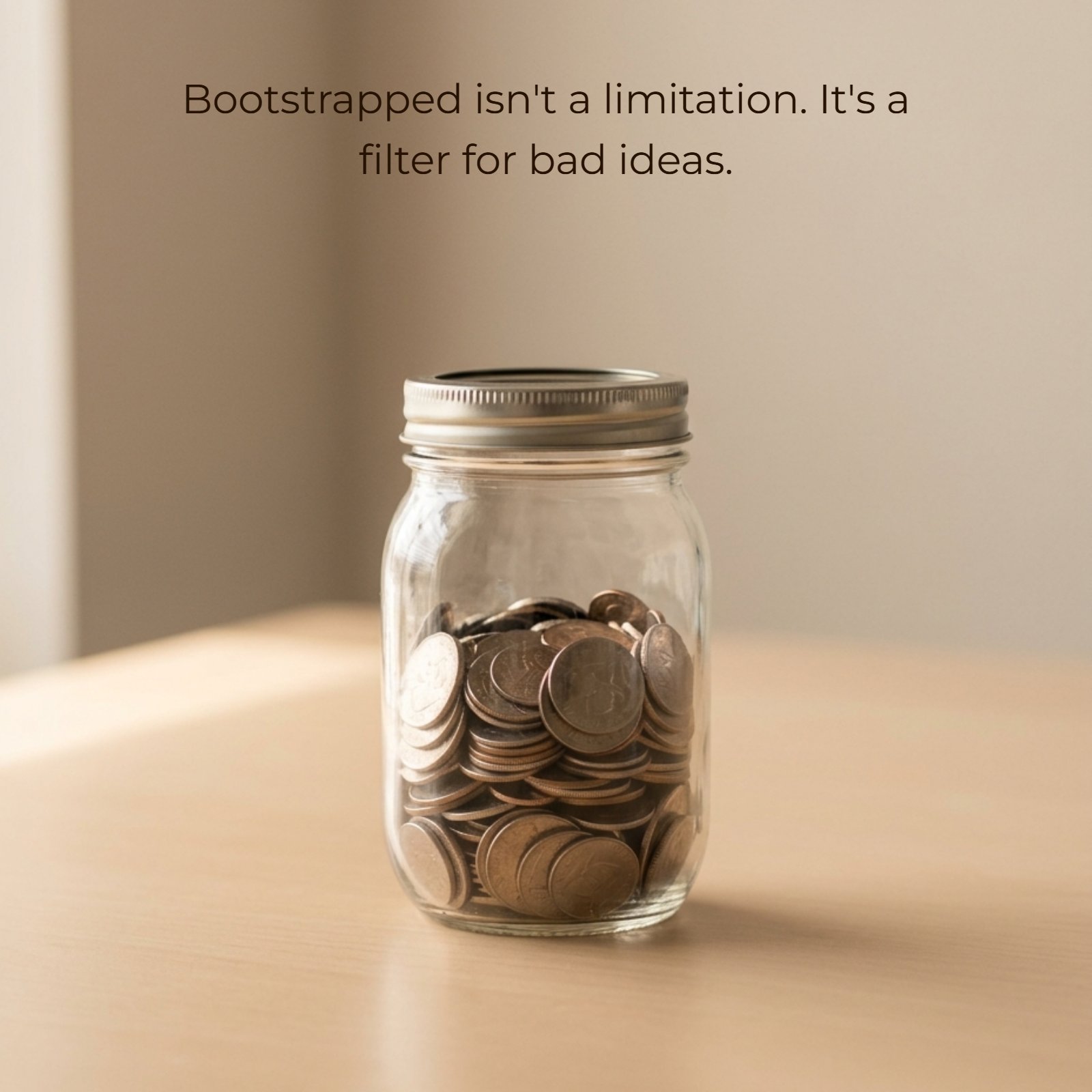 A clean, minimalist photo shows a clear glass jar on a light wooden table, nearly overflowing with copper and silver coins. The image features a quote in a simple, readable font on the left that says, 'Bootstrapped isn't a limitation. It's a filter for bad ideas.'