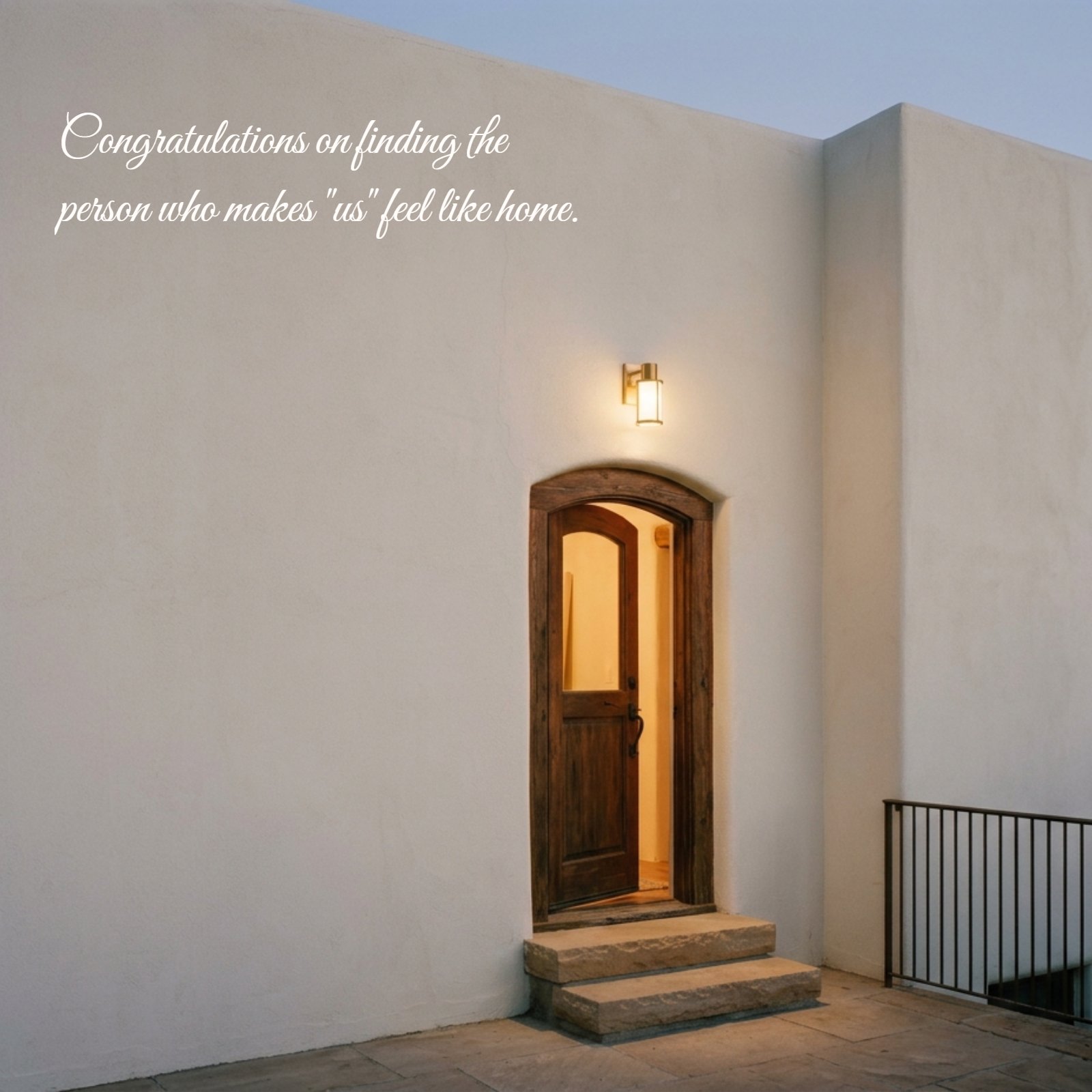 A warm, open doorway at dusk with a welcoming light, symbolizing home and the beginning of a new chapter, featuring a congratulations wedding quote.