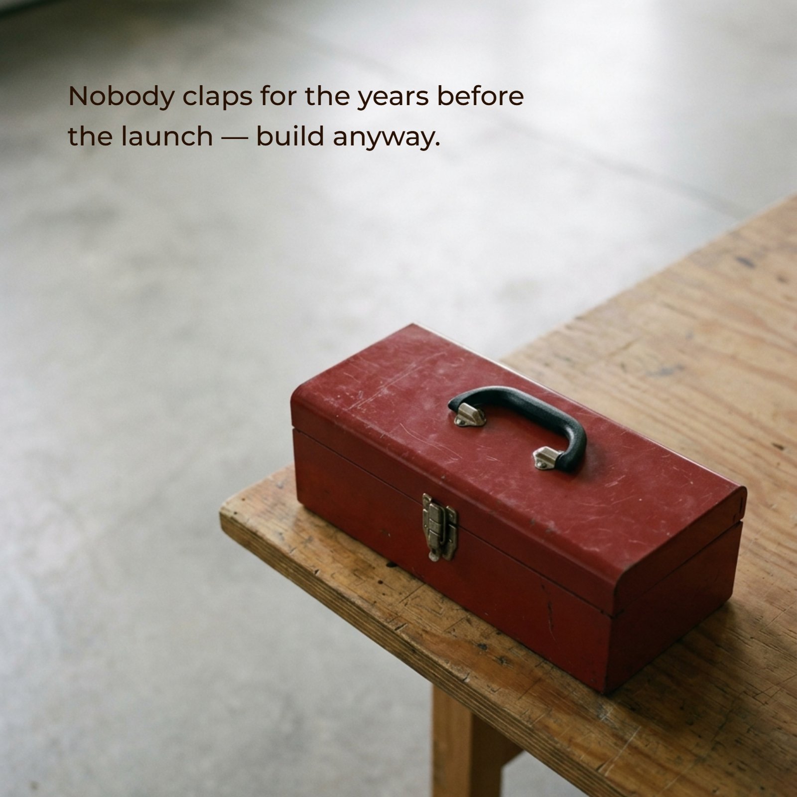Minimalist 1:1 photograph showing a single red toolbox on a plain workshop table under soft light. Clean negative space is on the left, with the text "Nobody claps for the years before the launch — build anyway." overlaid.