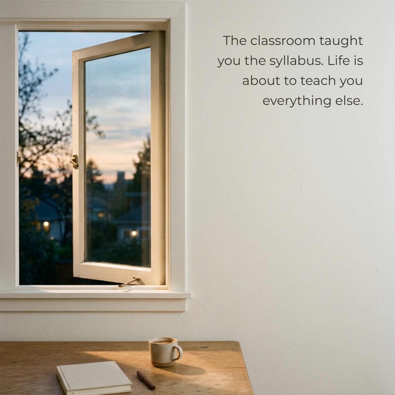 A minimalist photograph of an open wooden casement window at sunset, next to a plain wall and a wooden desk with a notebook and coffee mug. Overlaid in the clean wall space is the quote: 'The classroom taught you the syllabus. Life is about to teach you everything else.'