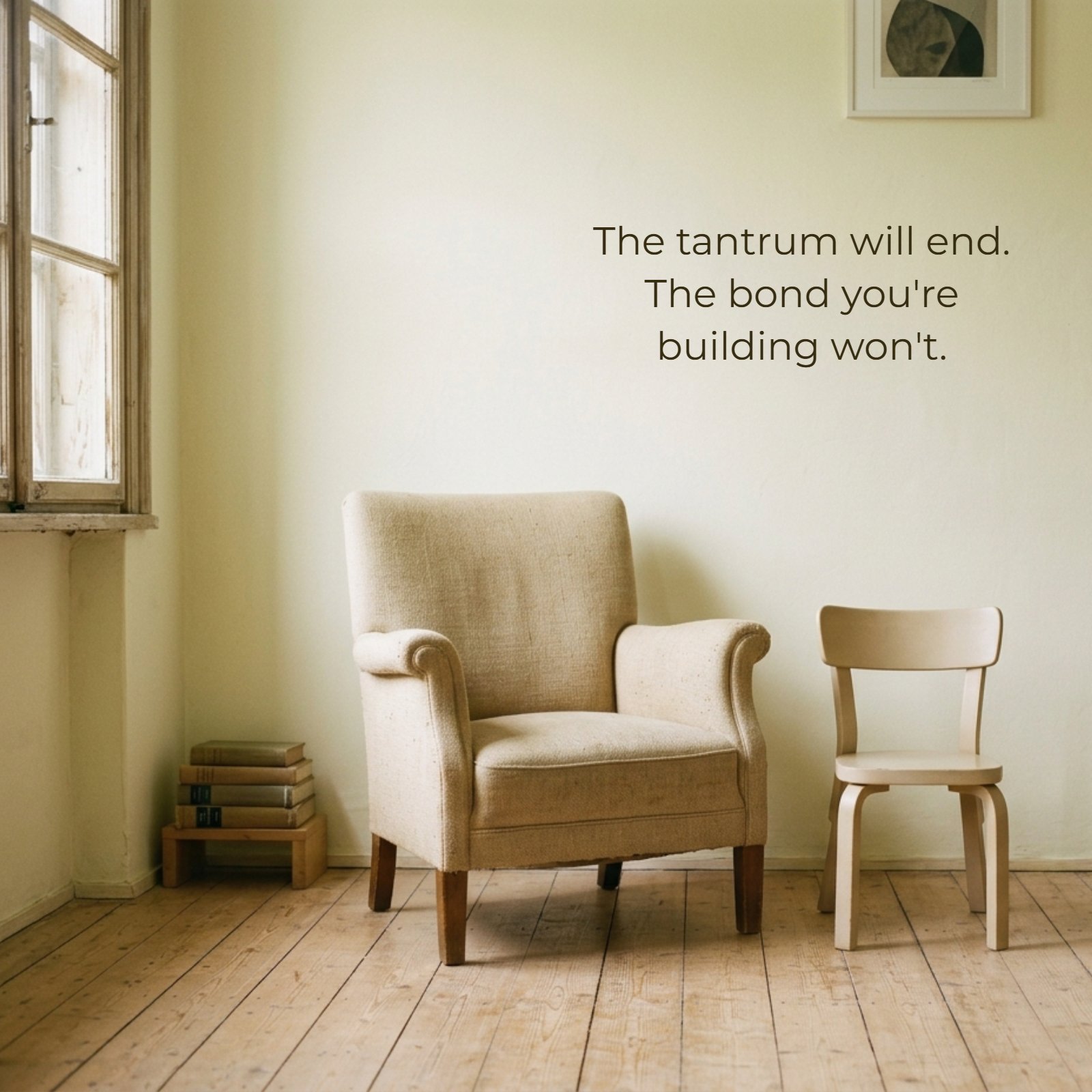 A minimalist photo showing a large beige armchair next to a small wooden child's chair in a room with warm light and ample negative space.