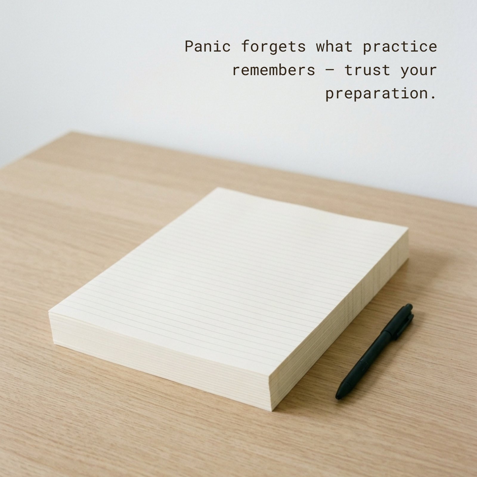 A minimalist photo showing a clean stack of practice papers and a pen on a desk. The image is for adding the text: Panic forgets what practice remembers — trust your preparation.