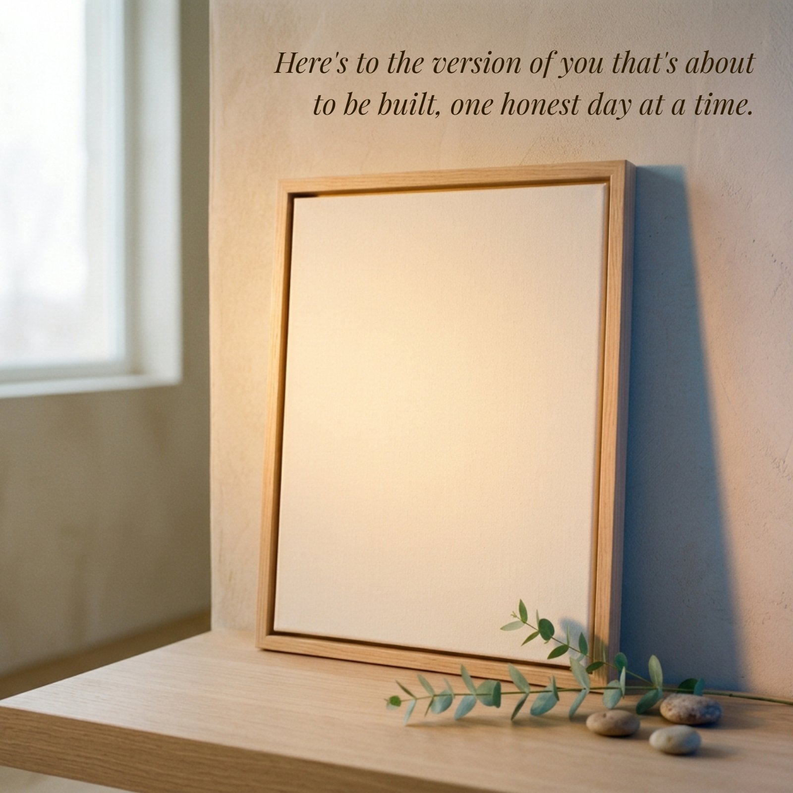 A picture of an empty canvas in a natural wood frame sitting on a light wooden shelf against a textured wall. On the canvas is the quote "Here's to the version of you that's about to be built, one honest day at a time." A branch of eucalyptus and some stones are next to it. Warm, yellowish light is on the left, casting a cool blue shadow on the right.