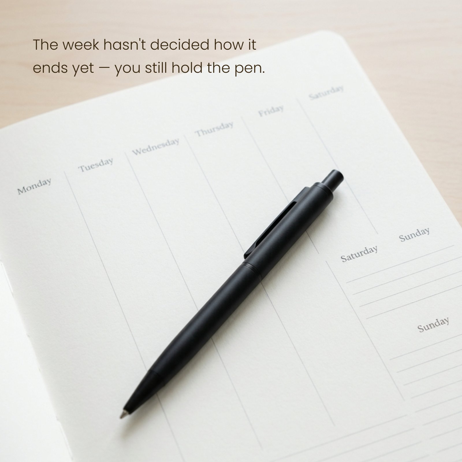 A minimalist image featuring a black pen resting on a weekly planner page. Handwritten-style text above the pen reads "The week hasn't decided how it ends yet — you still hold the pen."