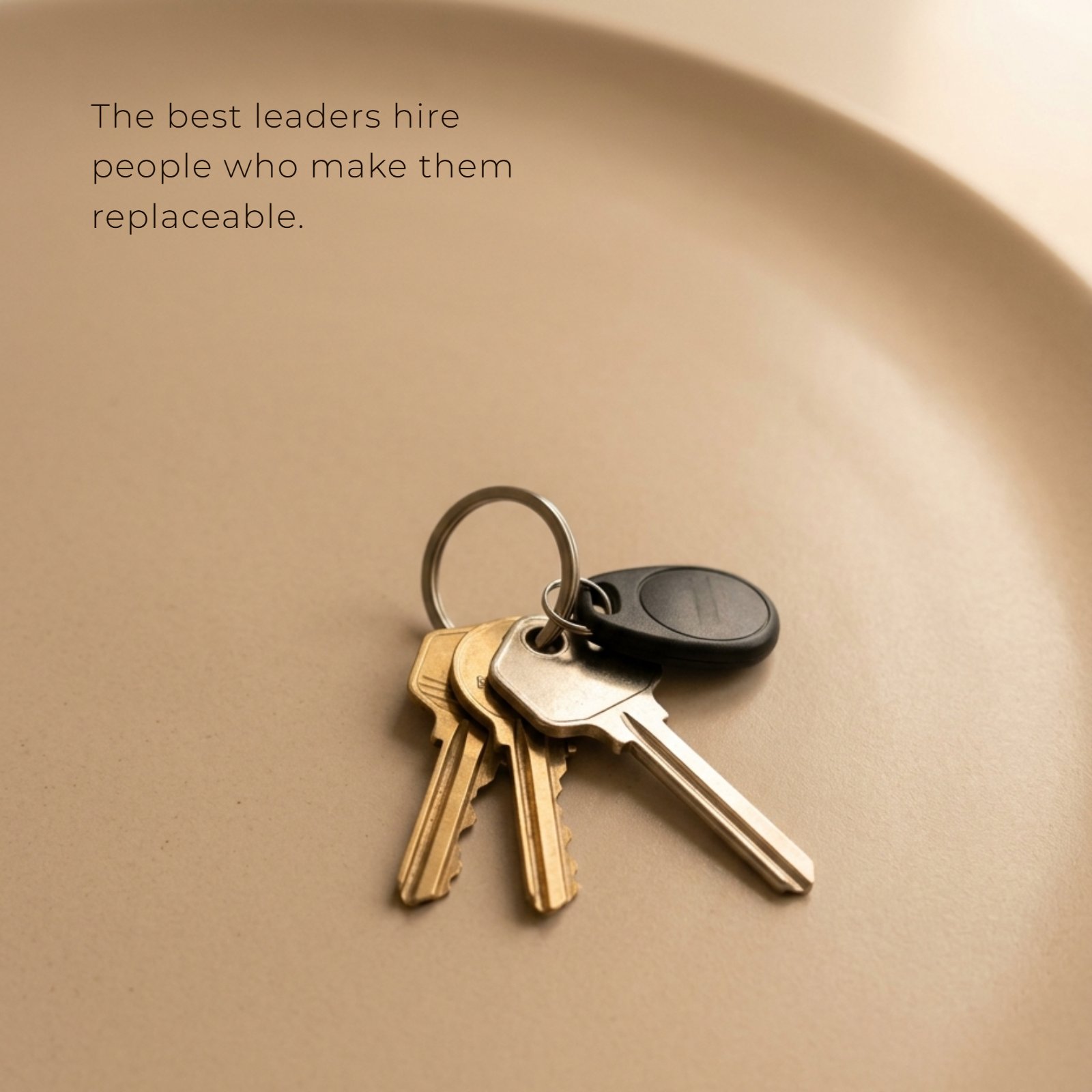 Minimalist 1:1 photograph with a single set of keys on a plain neutral surface under soft warm light, representing delegation and passing on leadership responsibility.