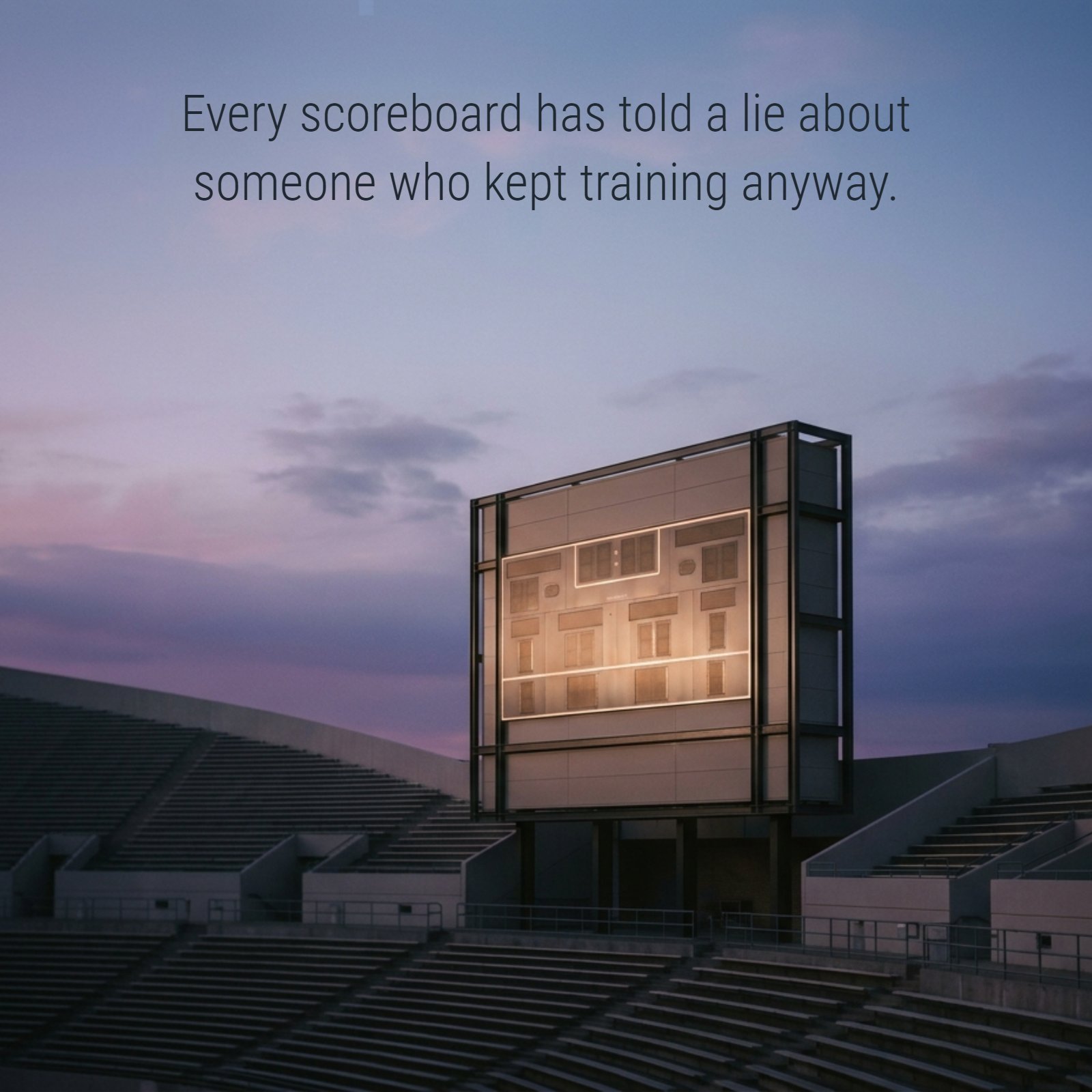 A vertical photograph of an empty, illuminated stadium scoreboard at dusk, blank to serve as a quote background, with the quote text Every scoreboard has told a lie about someone who kept training anyway.