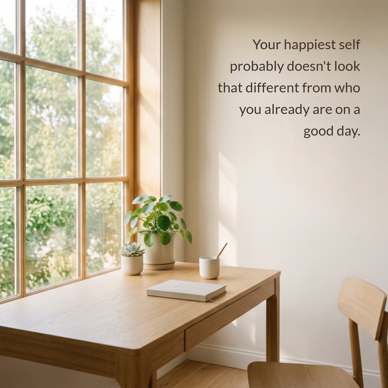 A minimalist photo of a wooden desk by a bright window with plants, featuring the quote 'Your happiest self probably doesn't look that different from who you already are on a good day.' written on the pale wall.