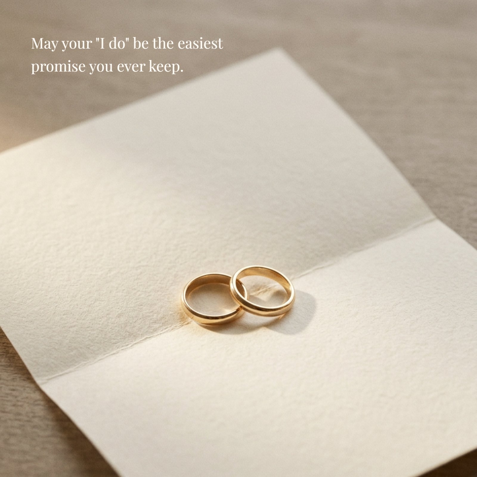 Minimalist 1:1 photograph showing two simple wedding bands on a folded textured paper, featuring overlaid text that reads, "May your 'I do' be the easiest promise you ever keep."