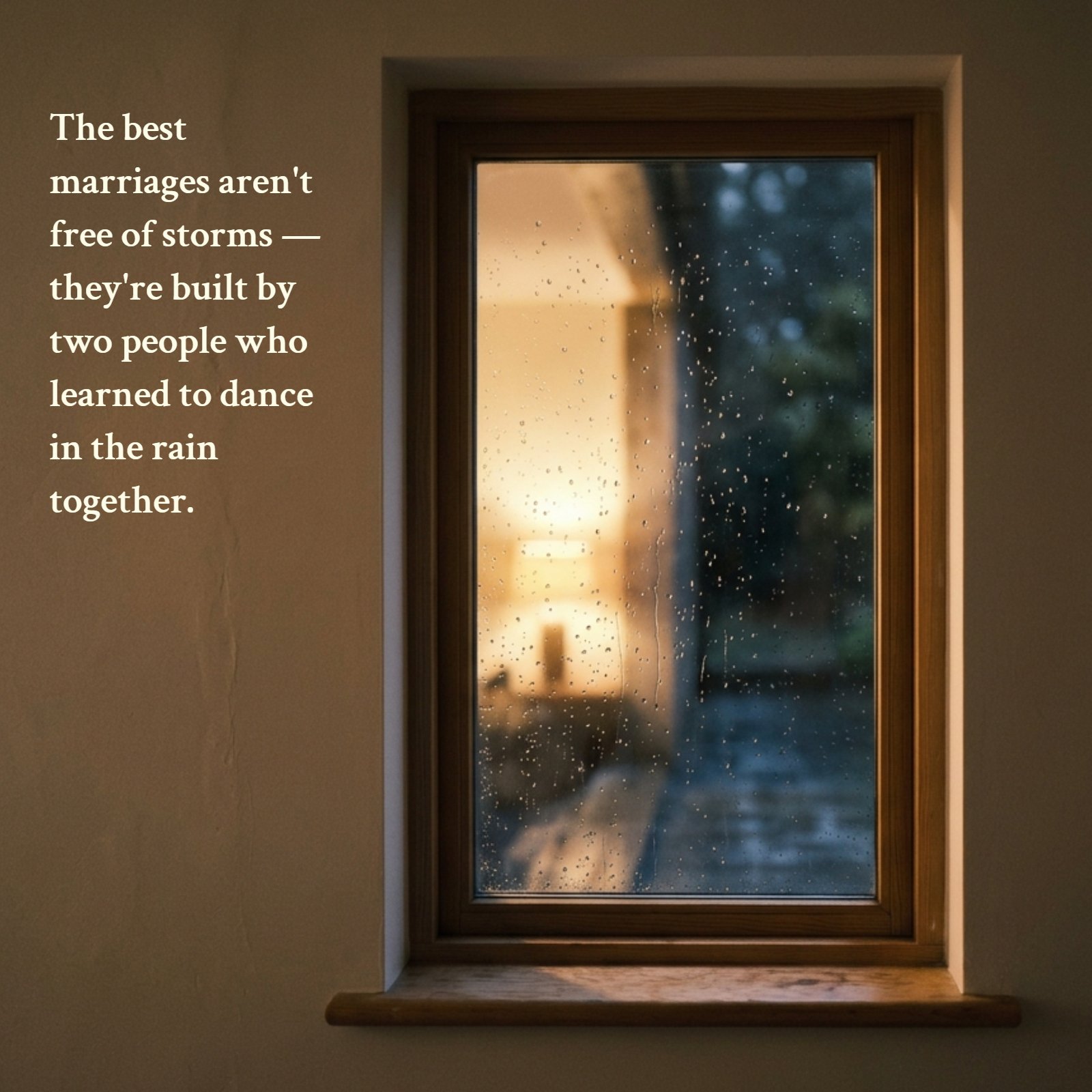 A minimalist photograph looking through a single window pane covered in soft rain droplets at a warm light glowing inside, featuring the quote 'The best marriages aren't free of storms — they're built by two people who learned to dance in the rain together.'