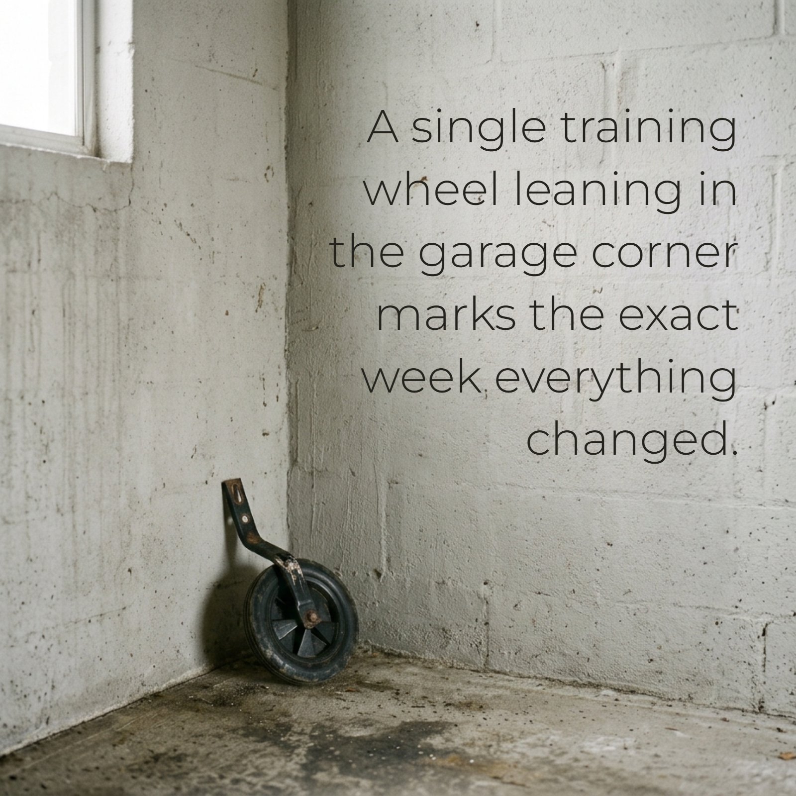 A minimalist photo of a single bicycle training wheel leaning in a quiet garage corner. Overlaid text reads: “A single training wheel leaning in the garage corner marks the exact week everything changed.”