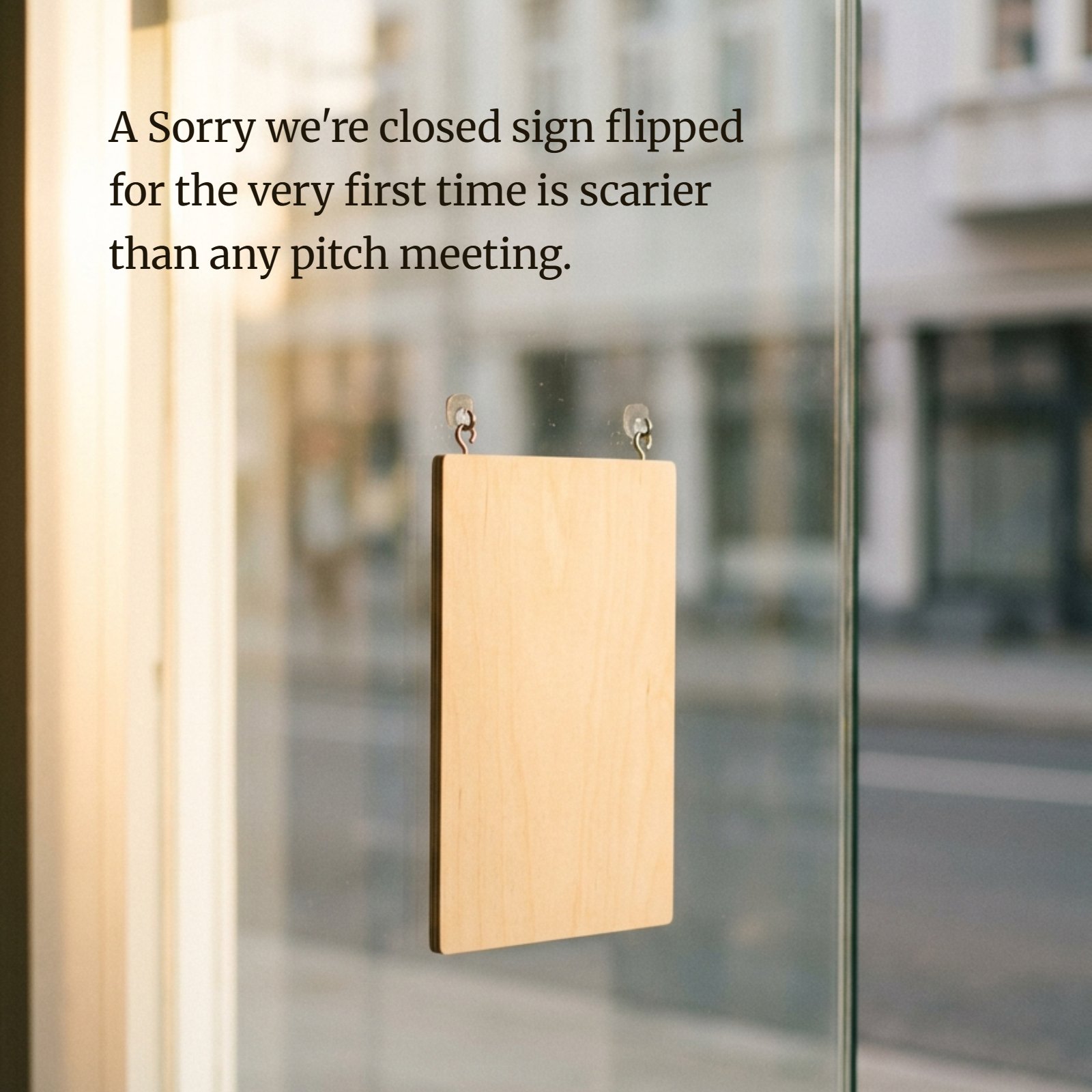 Minimalist photograph of a hanging blank wooden sign on a glass door in soft morning light, featuring the quote: A Sorry we're closed sign flipped for the very first time is scarier than any pitch meeting.