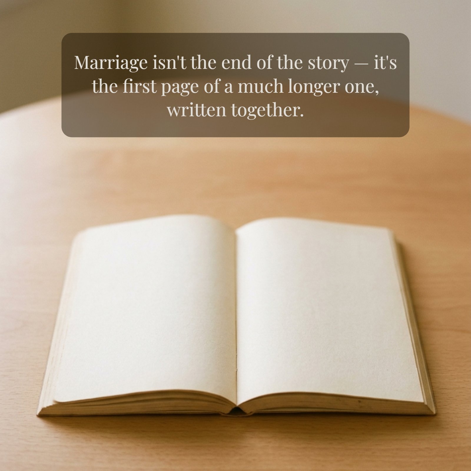 A warm minimalist photo of an open blank book on a table, featuring the quote 'Marriage isn't the end of the story — it's the first page of a much longer one, written together.'