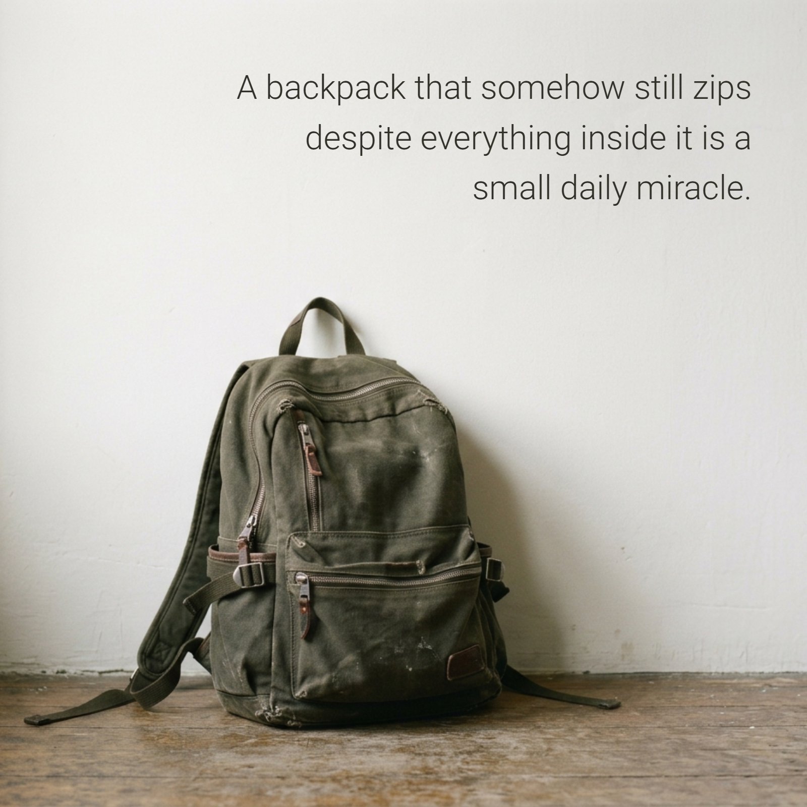 A minimalist photo of a well-worn olive green canvas backpack resting against a plain wall. The text 'A backpack that somehow still zips despite everything inside it is a small daily miracle.' is overlayed on the image.