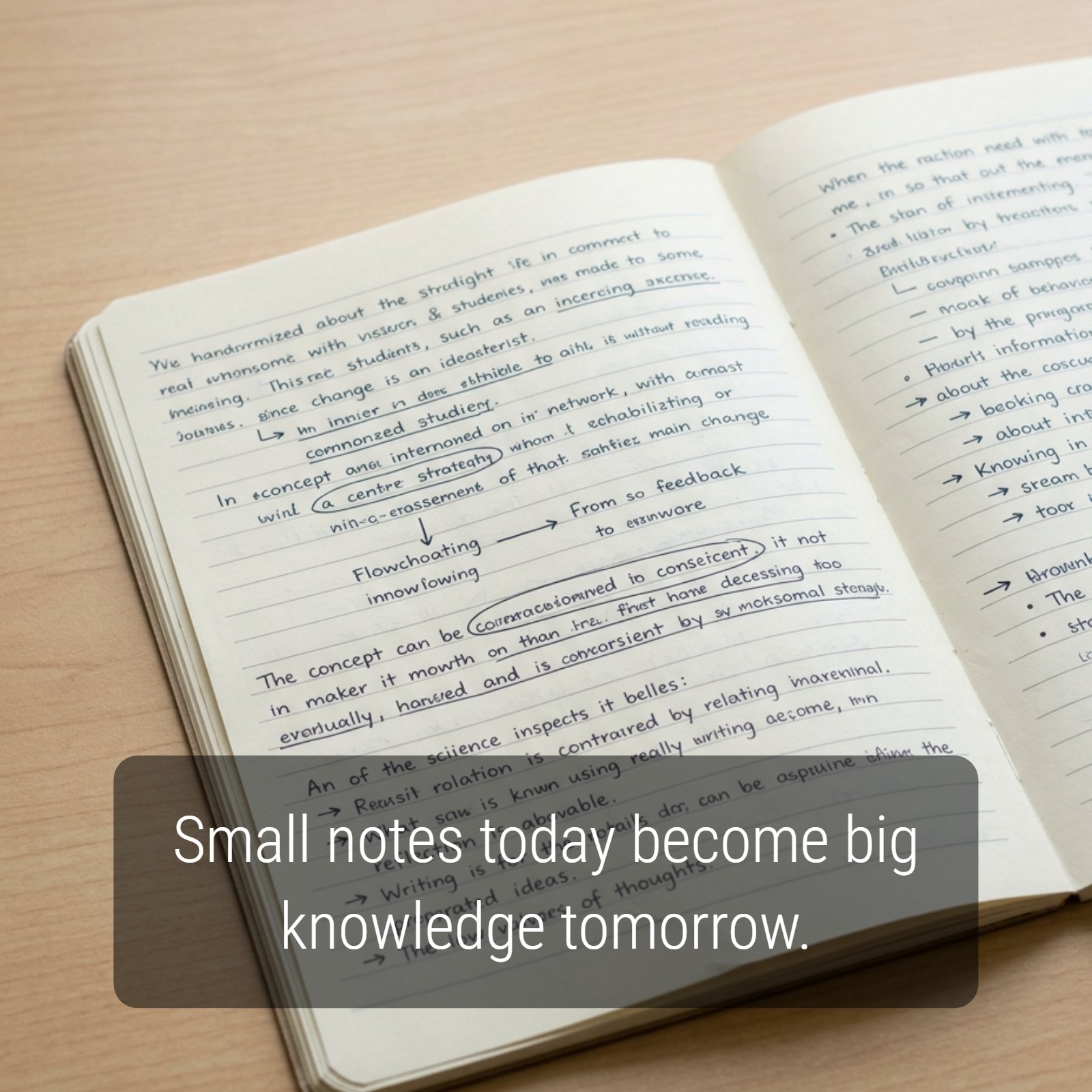 A minimalist photo of an open lined notebook with neat blue-ink handwriting on a smooth wooden desk, featuring the quote 'Small notes today become big knowledge tomorrow' printed clearly over the notes.