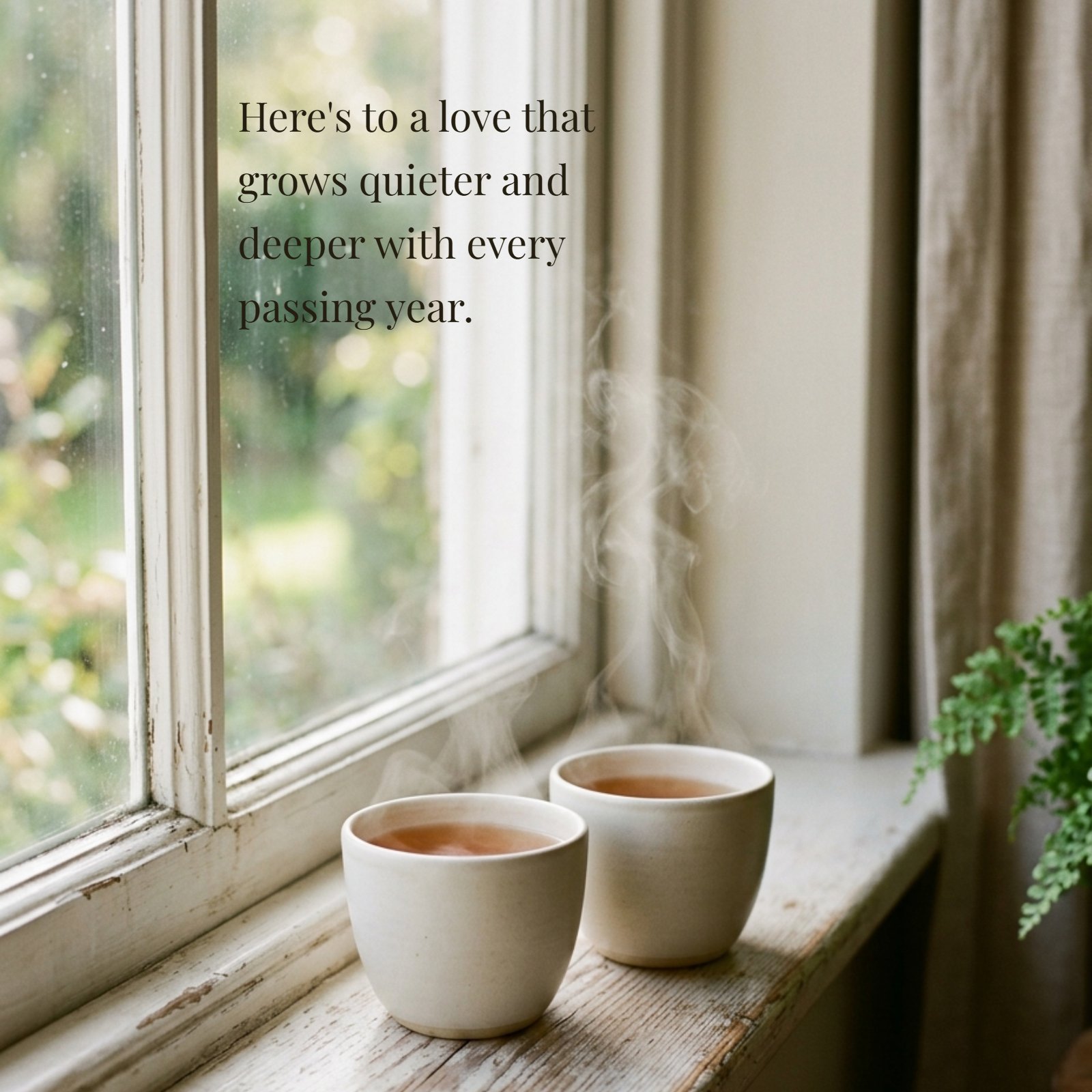 Two plain ceramic teacups steaming on a sunlit wooden windowsill, accompanied by the quote, "Here's to a love that grows quieter and deeper with every passing year."
