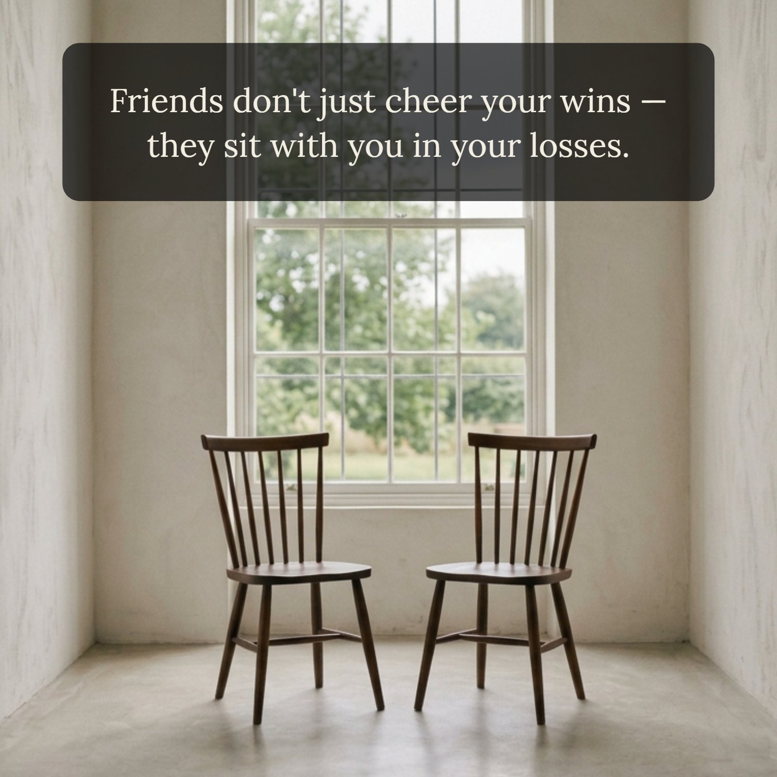 Minimalist photo of two empty wooden chairs facing a large window, symbolizing supportive friendship. The text overlay reads, "Friends don't just cheer your wins — they sit with you in your losses."