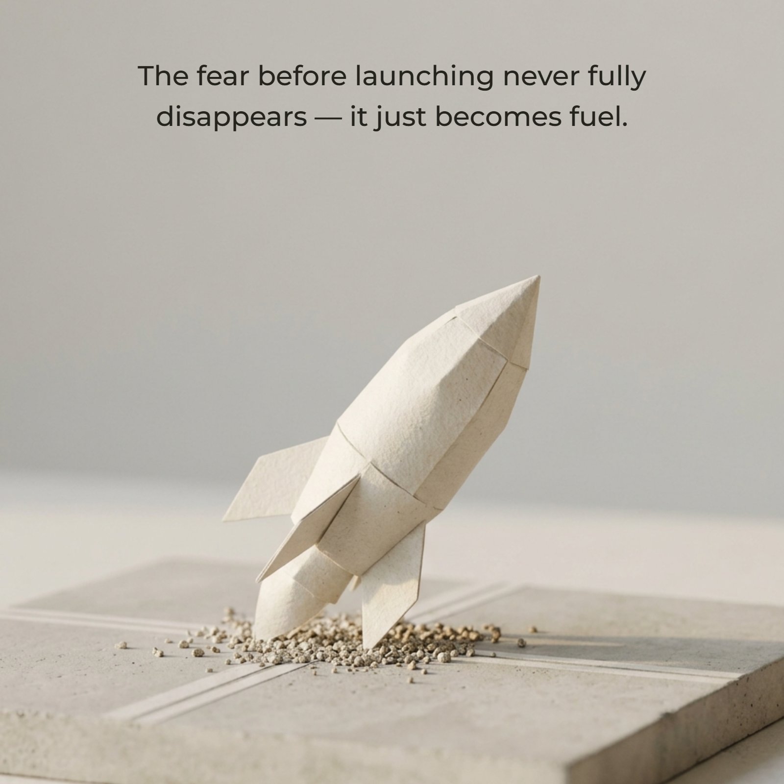 A clean, minimalist photo of a single, handmade paper rocket model resting on a concrete launch pad surface, accompanied by the quote text: The fear before launching never fully disappears — it just becomes fuel.