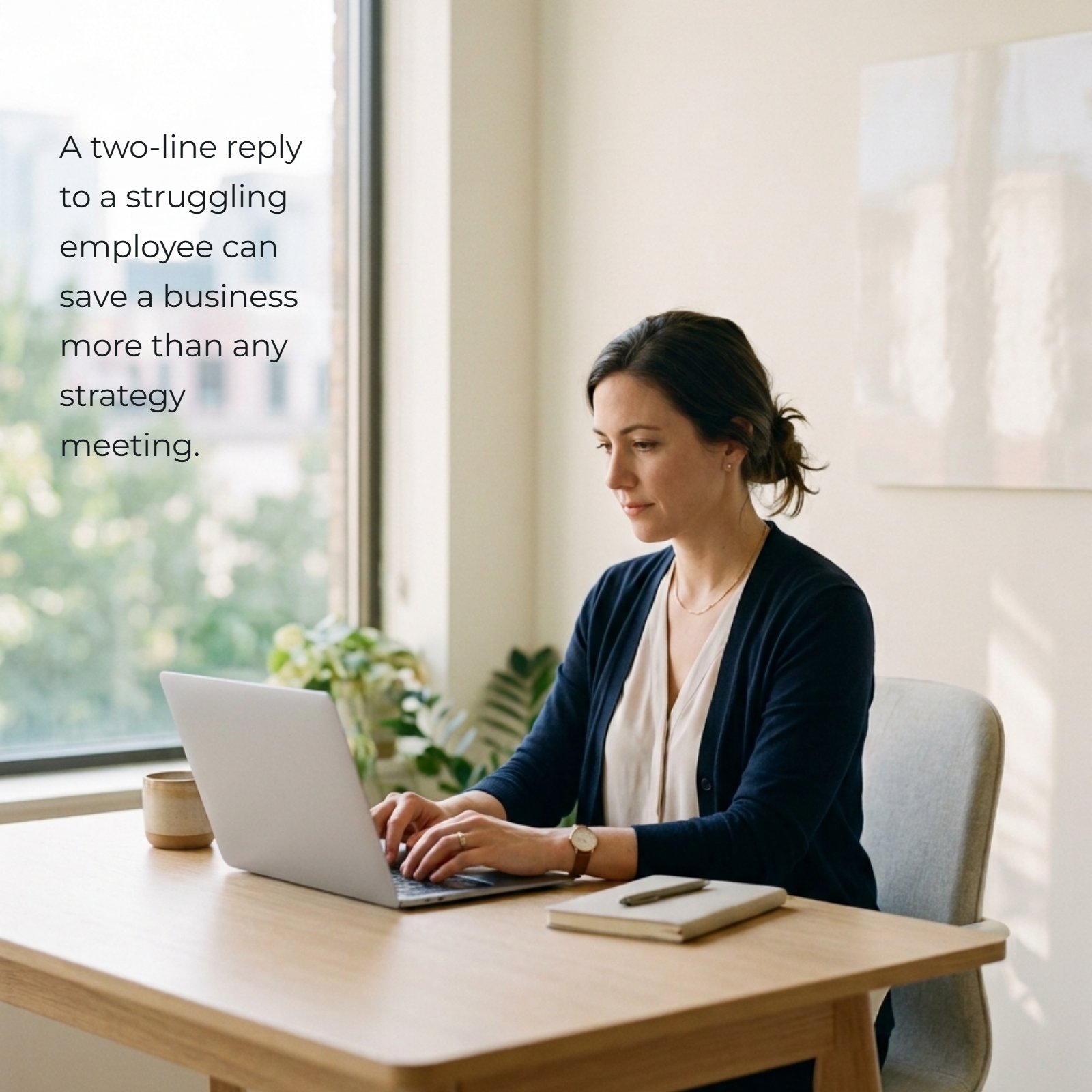 A professional photo of a female manager intently typing on a laptop in a minimalist, bright office. The scene visually represents thoughtful leadership communication, with a subtle text overlay of the quote, "A two-line reply to a struggling employee can save a business more than any strategy meeting."