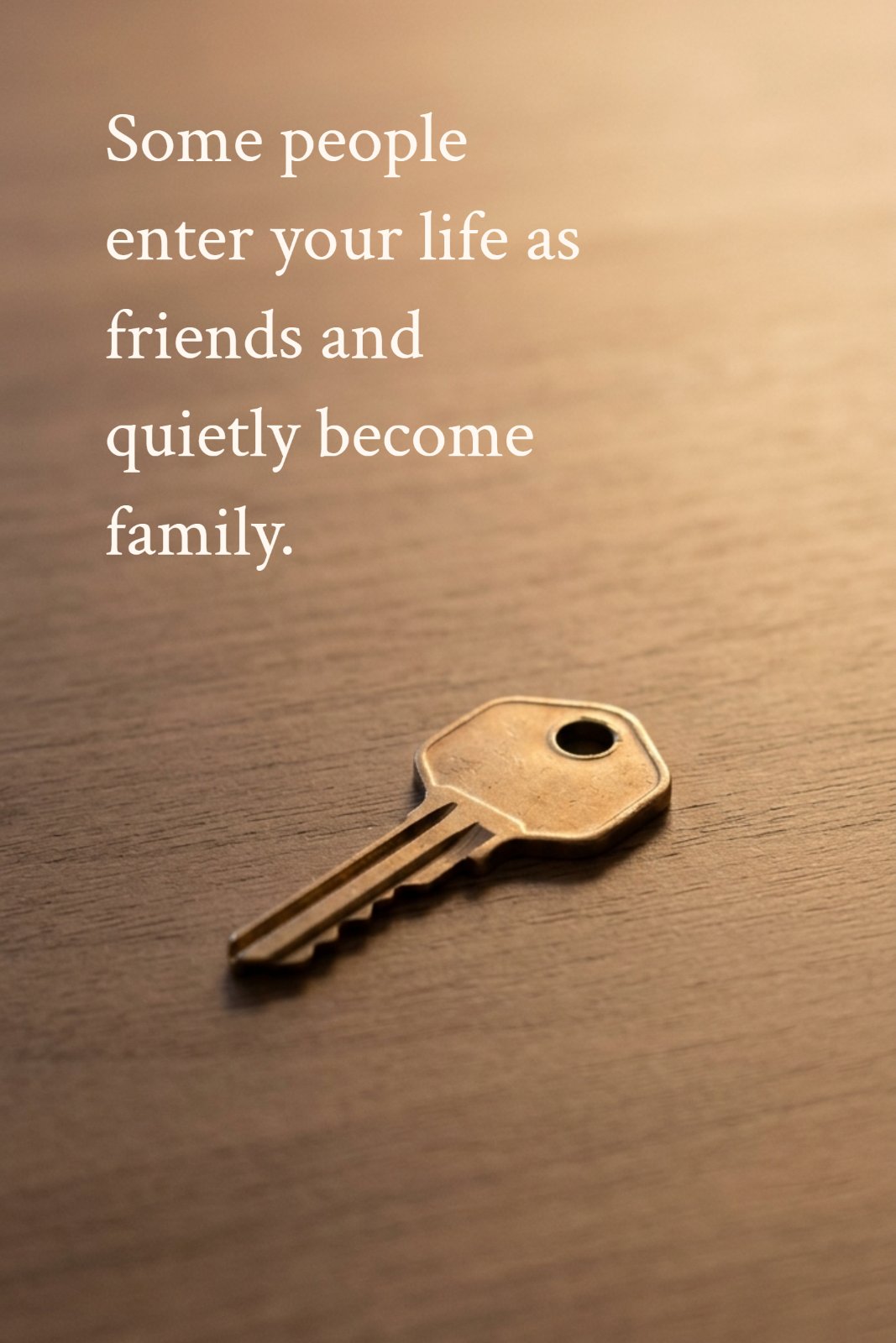 Minimalist photograph of a single house key on a wooden surface with the quote Some people enter your life as friends and quietly become family written above it in elegant text.