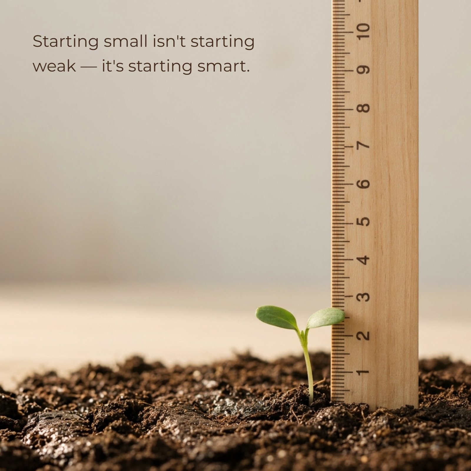 A minimalist photo of a tiny green seedling emerging from the soil, positioned beside a wooden ruler for scale. Overlaid text reads, “Starting small isn't starting weak — it's starting smart.”