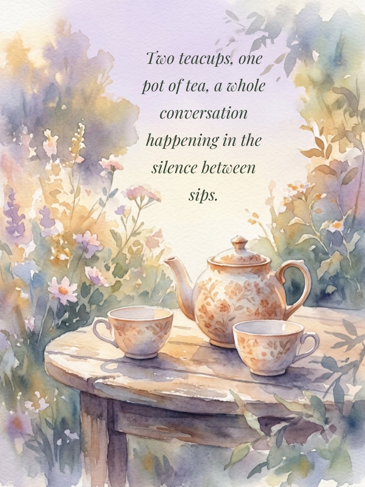 Dreamy watercolor-style scene of a teapot and two matching floral cups resting on a rustic garden table during the soft light of dusk. The background is a blurred wash of lavender and warm pastel florals. Hand-lettered in an elegant italic font is the quote: 'Two teacups, one pot of tea, a whole conversation happening in the silence between sips.'