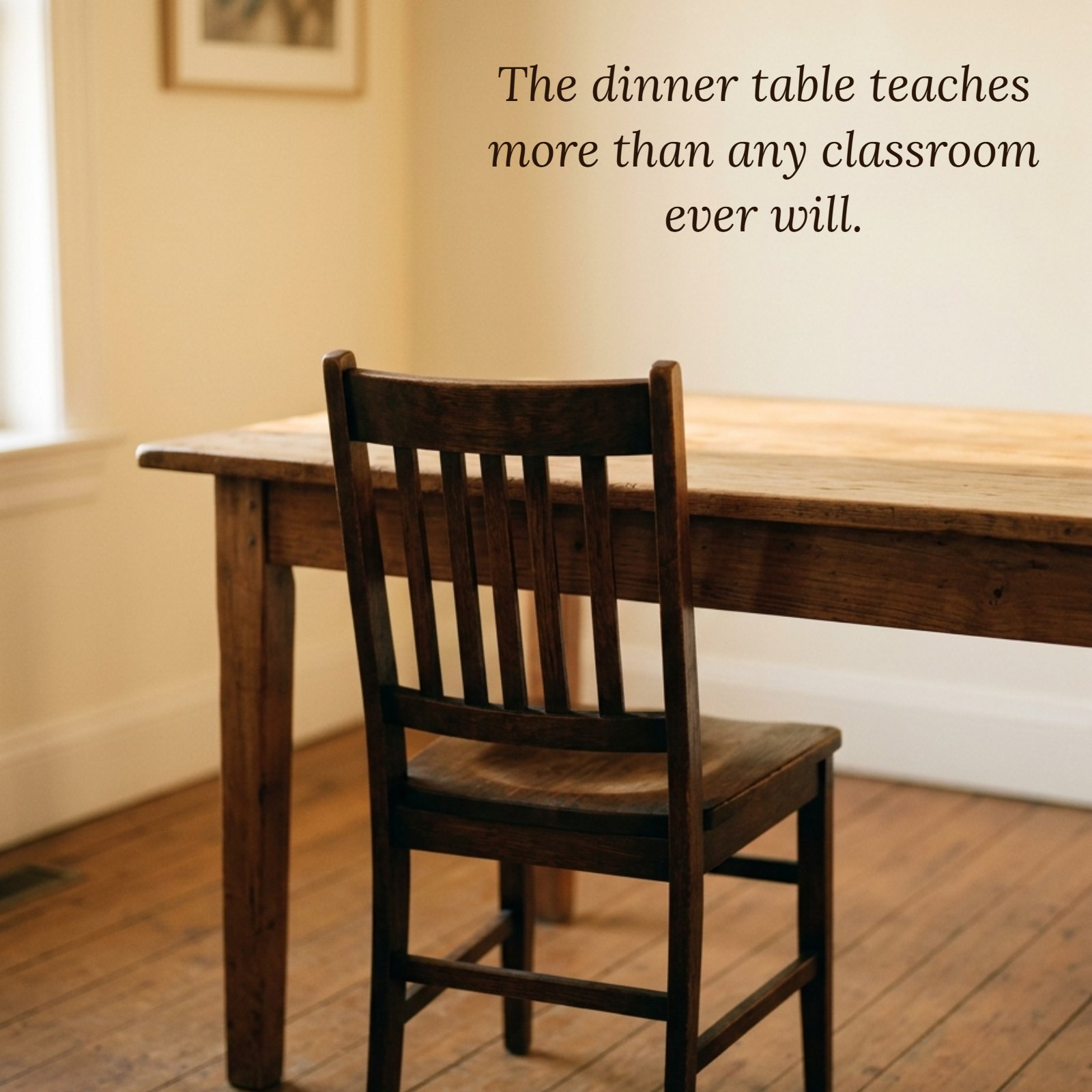 A minimalist photo of a single empty wooden chair pulled up to a plain wooden table in soft, warm evening light, illustrating the quote 'The dinner table teaches more than any classroom ever will.'