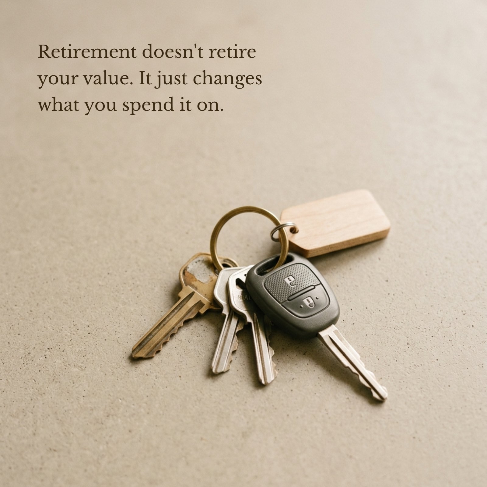 A minimalist photo featuring a set of keys with a wooden tag on a textured grey background, with the quote text "Retirement doesn't retire your value. It just changes what you spend it on." written across the top portion.