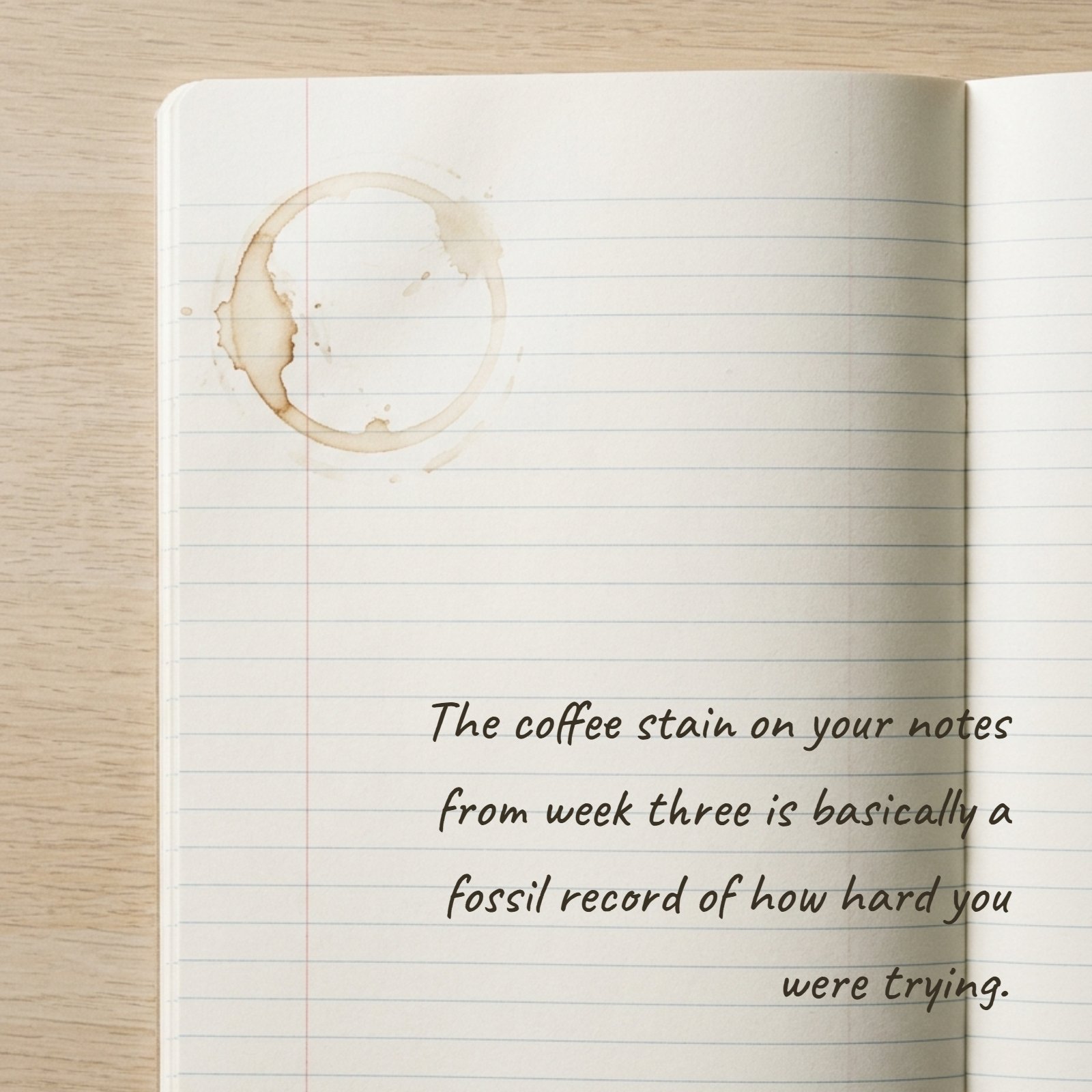 A minimalist photo of an open lined notebook on a light wooden table with a faint circular coffee stain in the upper left corner and the quote: The coffee stain on your notes from week three is basically a fossil record of how hard you were trying.