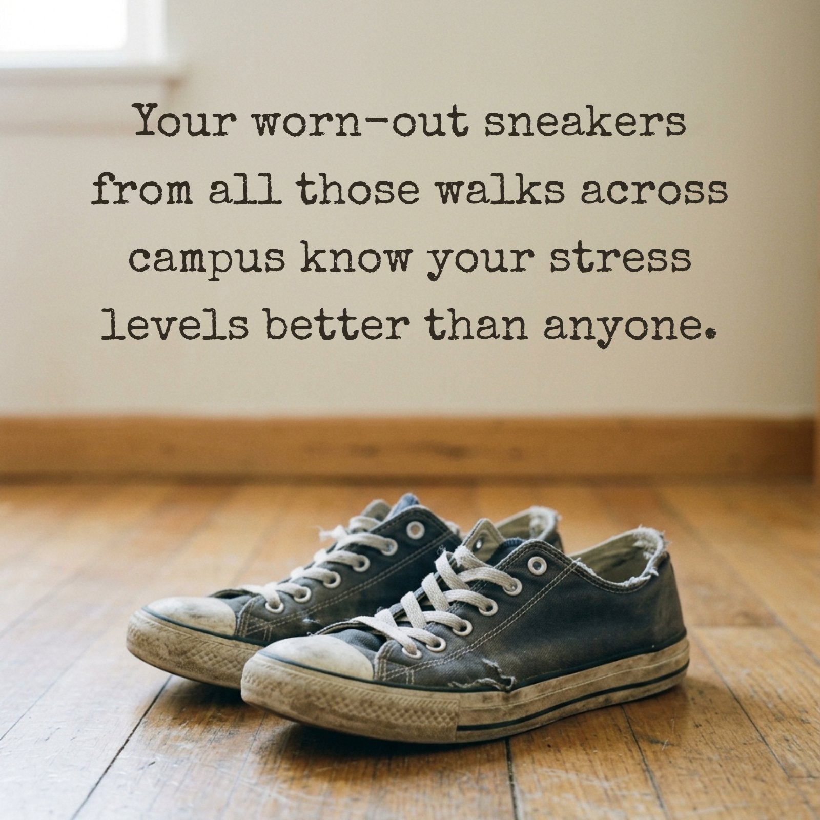 A photo of a well-used pair of sneakers resting on a minimalist dorm floor, representing the journey of a student, with the quote text on it.