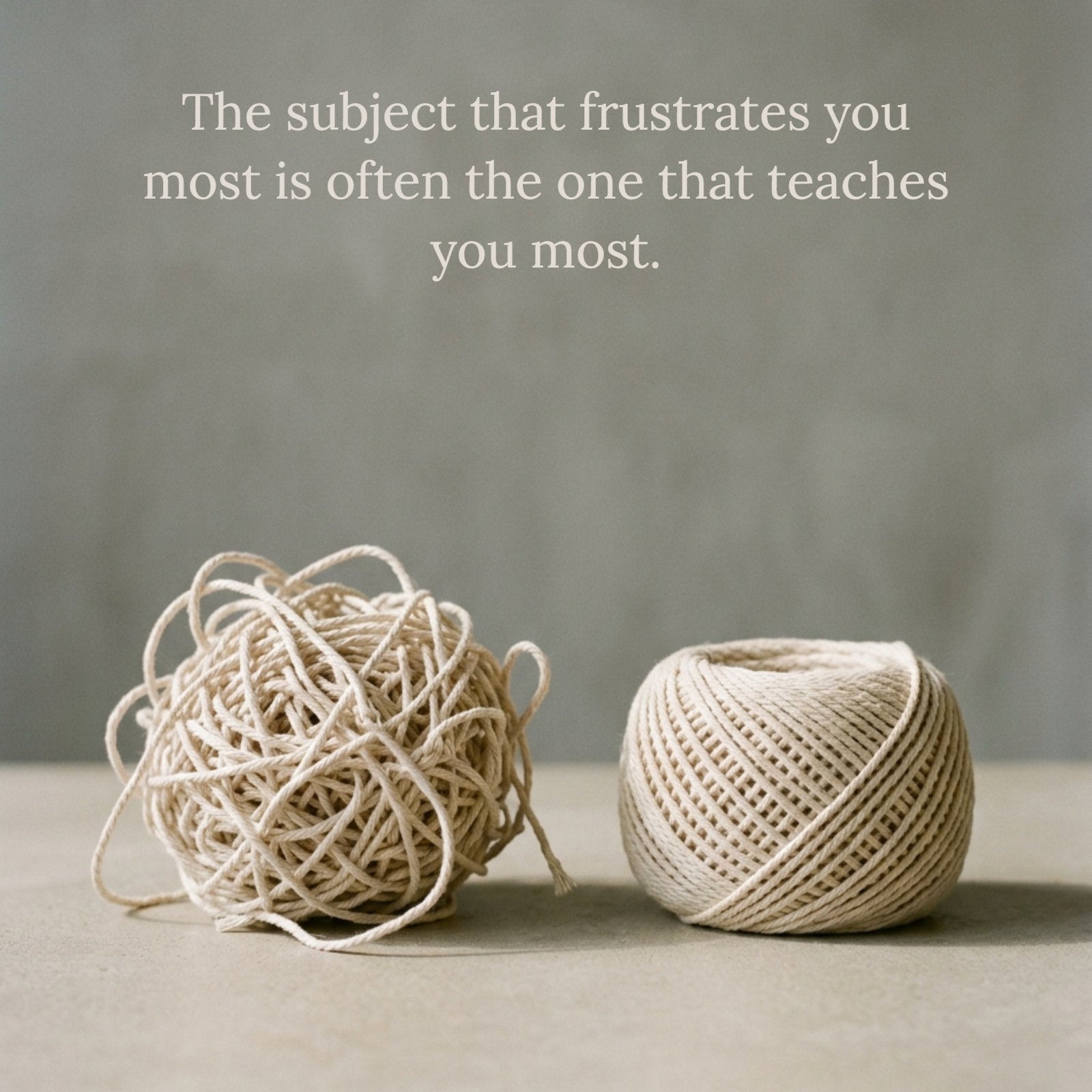 A photo with text overlay showing a tangled ball of string next to a neat coil with the quote: “The subject that frustrates you most is often the one that teaches you most.”