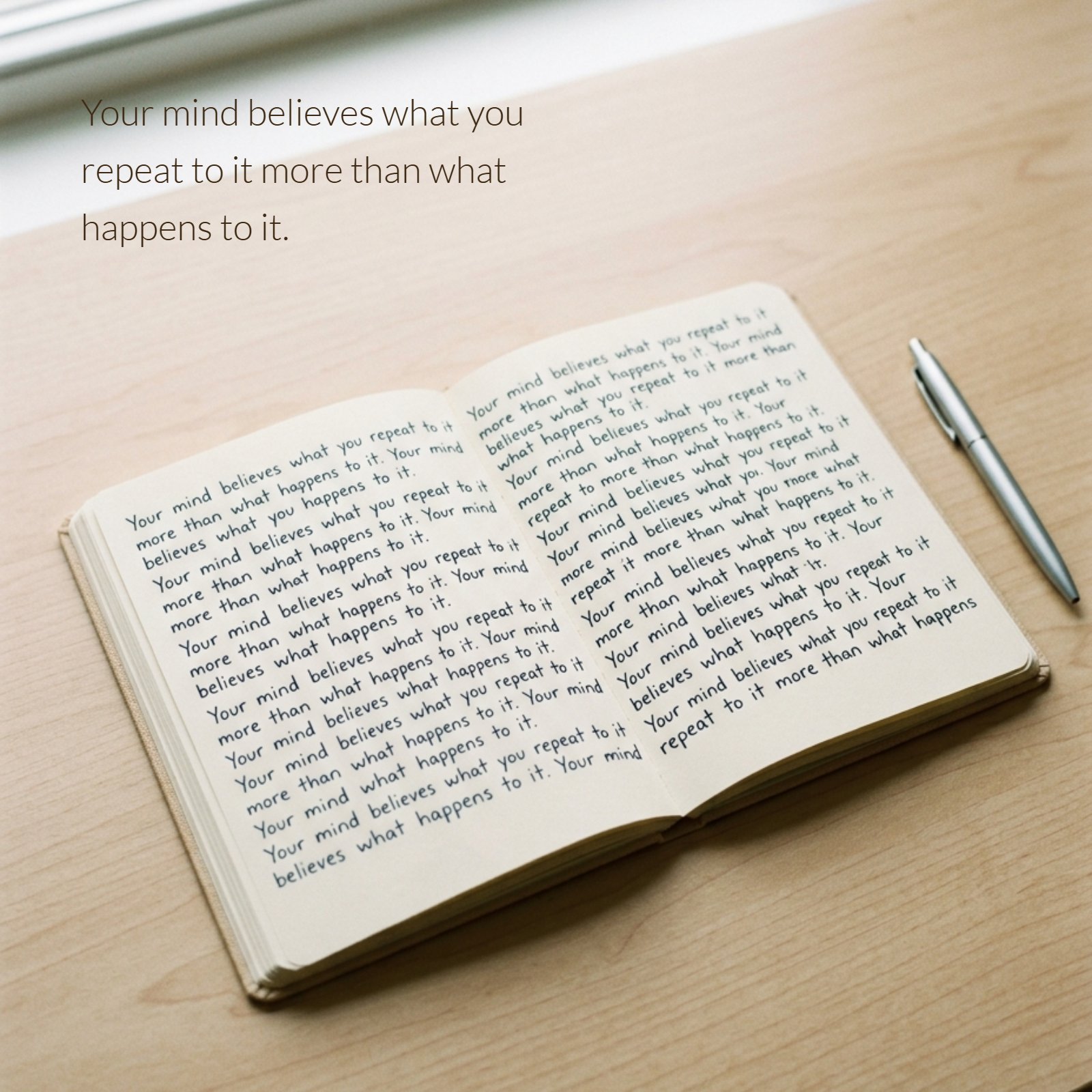 An open journal on a wooden desk. Inside, the handwritten Wisdom quote 'Your mind believes what you repeat to it more than what happens to it' is written repeatedly on both pages, next to a silver pen.