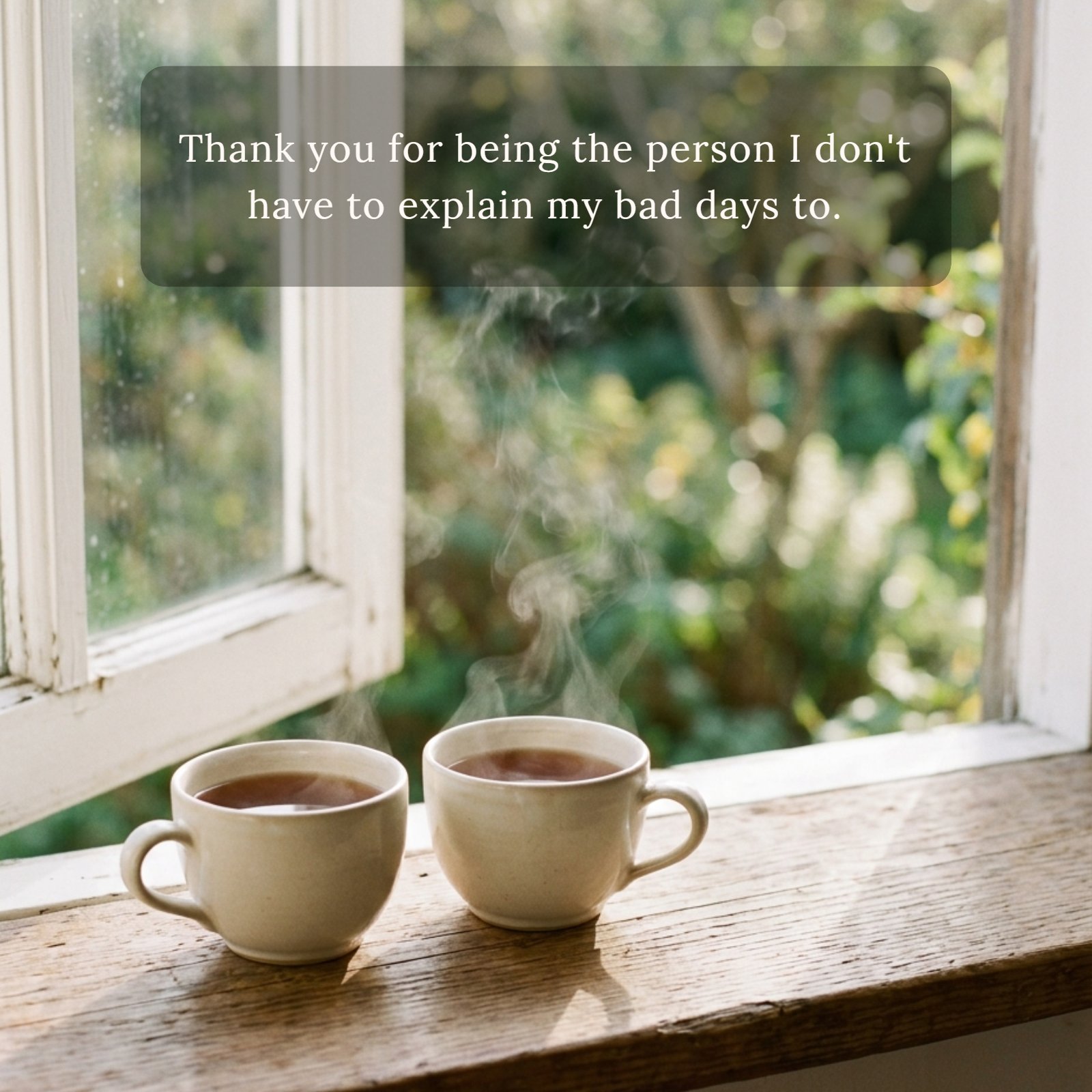 Minimalist photo of two steaming teacups on a wooden windowsill with soft morning light, featuring the quote Thank you for being the person I don't have to explain my bad days to.