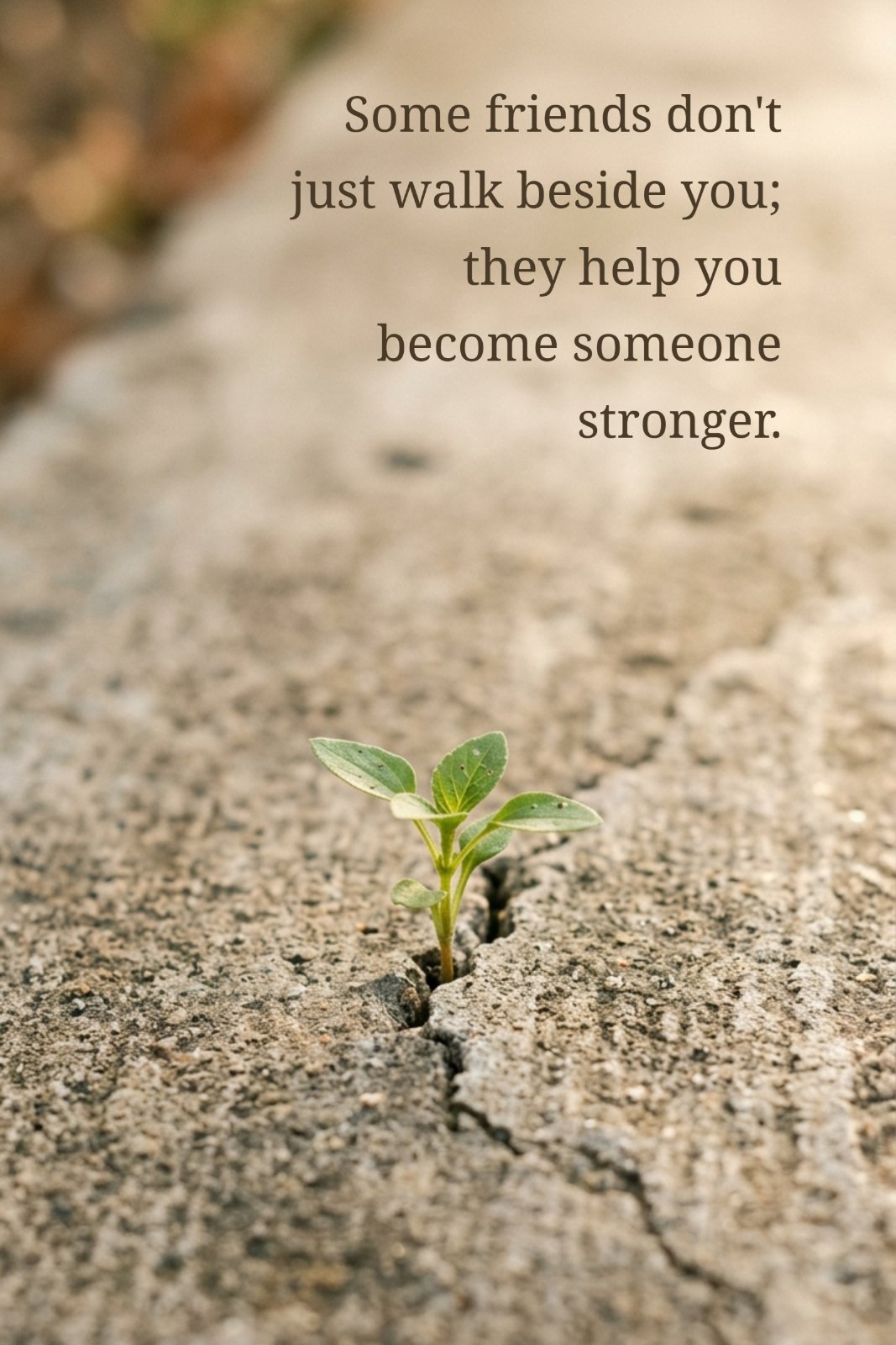 A minimalist photo of a single green seedling emerging from a sharp crack in a rugged concrete sidewalk, with the warm text overlaid: Some friends don't just walk beside you; they help you become someone stronger.