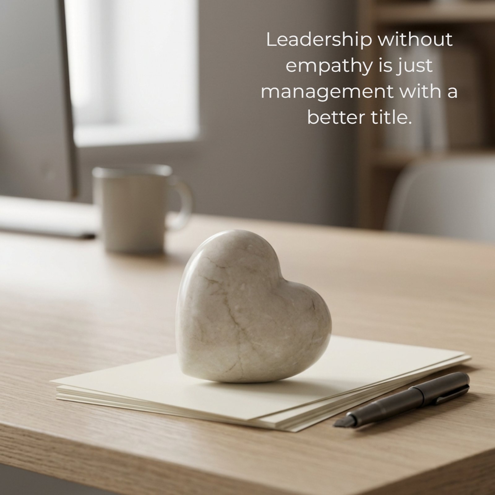 A minimalist photo of a stone heart-shaped paperweight on a desk with the quote: Leadership without empathy is just management with a better title.