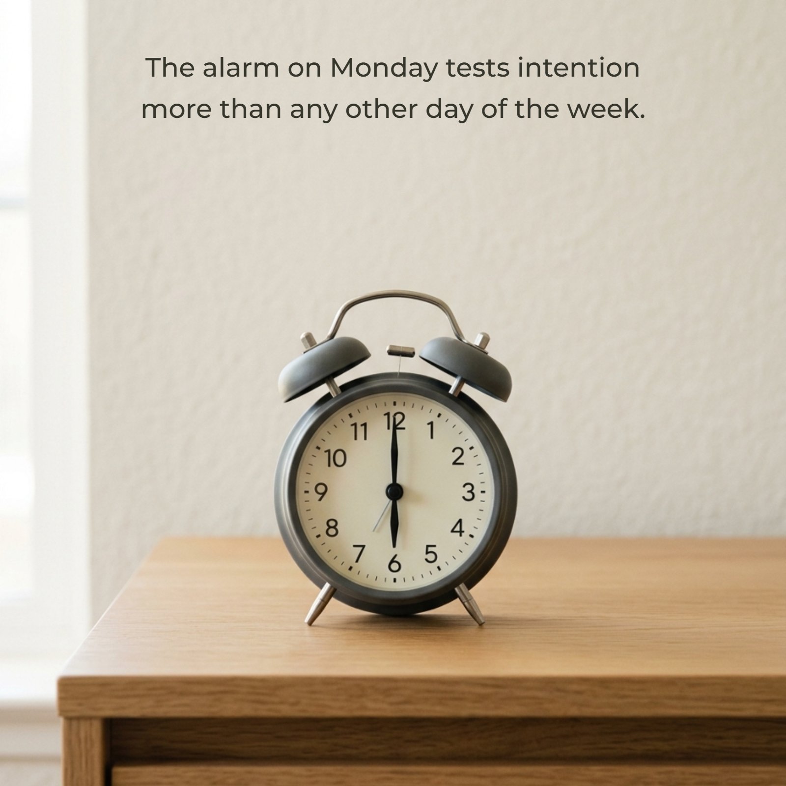 A vertical minimalist photo of a grey analog alarm clock on a wooden nightstand in early morning light, featuring the inspirational text: The alarm on Monday tests intention more than any other day of the week.