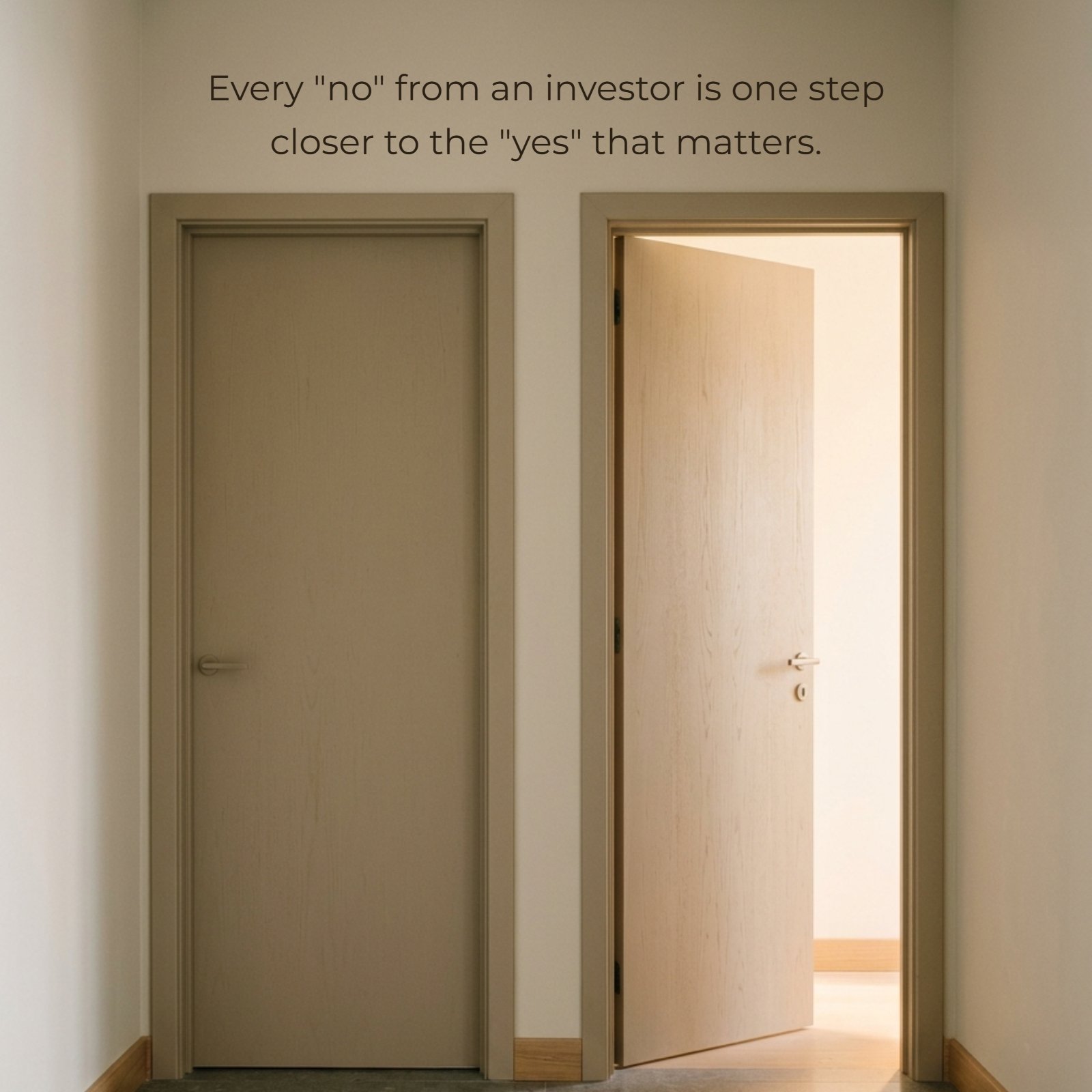 A minimalist photo of a neutral hallway with a closed door on the left and a slightly open door on the right letting in soft warm light. The image features the quote: Every "no" from an investor is one step closer to the "yes" that matters.