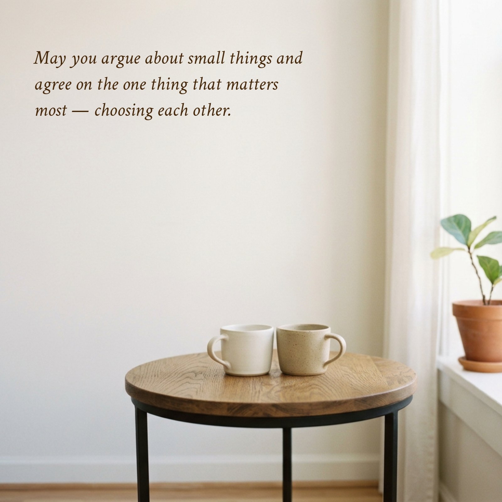A minimalist photo featuring two plain ceramic coffee cups sitting closely together on a small wooden table, bathed in soft, warm light with abundant clean negative space. The image is designed to have the quote text "May you argue about small things and agree on the one thing that matters most — choosing each other" added.