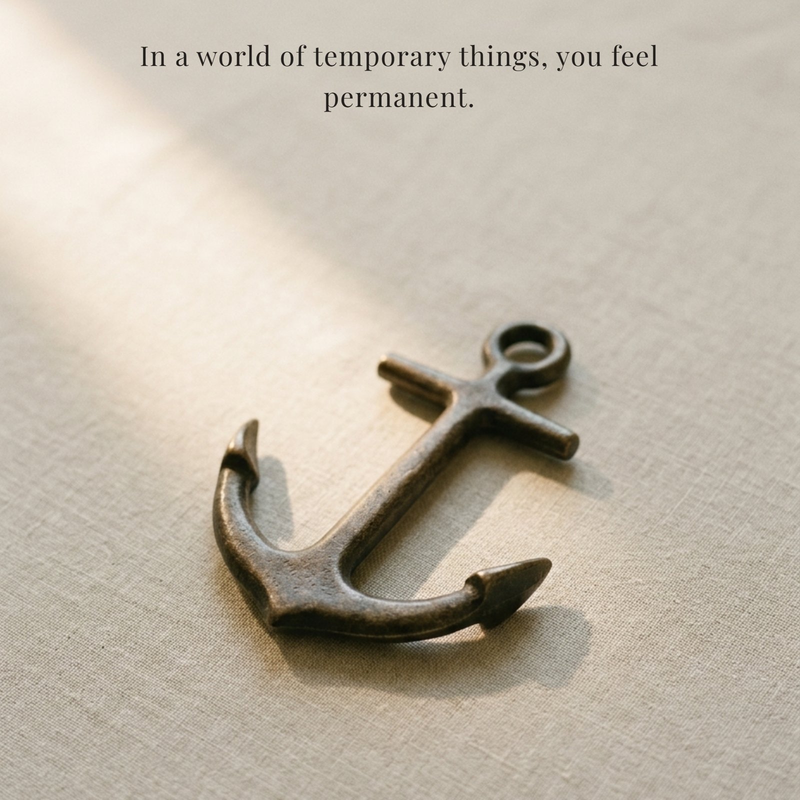 A minimalist photo of a metal anchor on textured linen, with the quote text "In a world of temporary things, you feel permanent." layered on it.