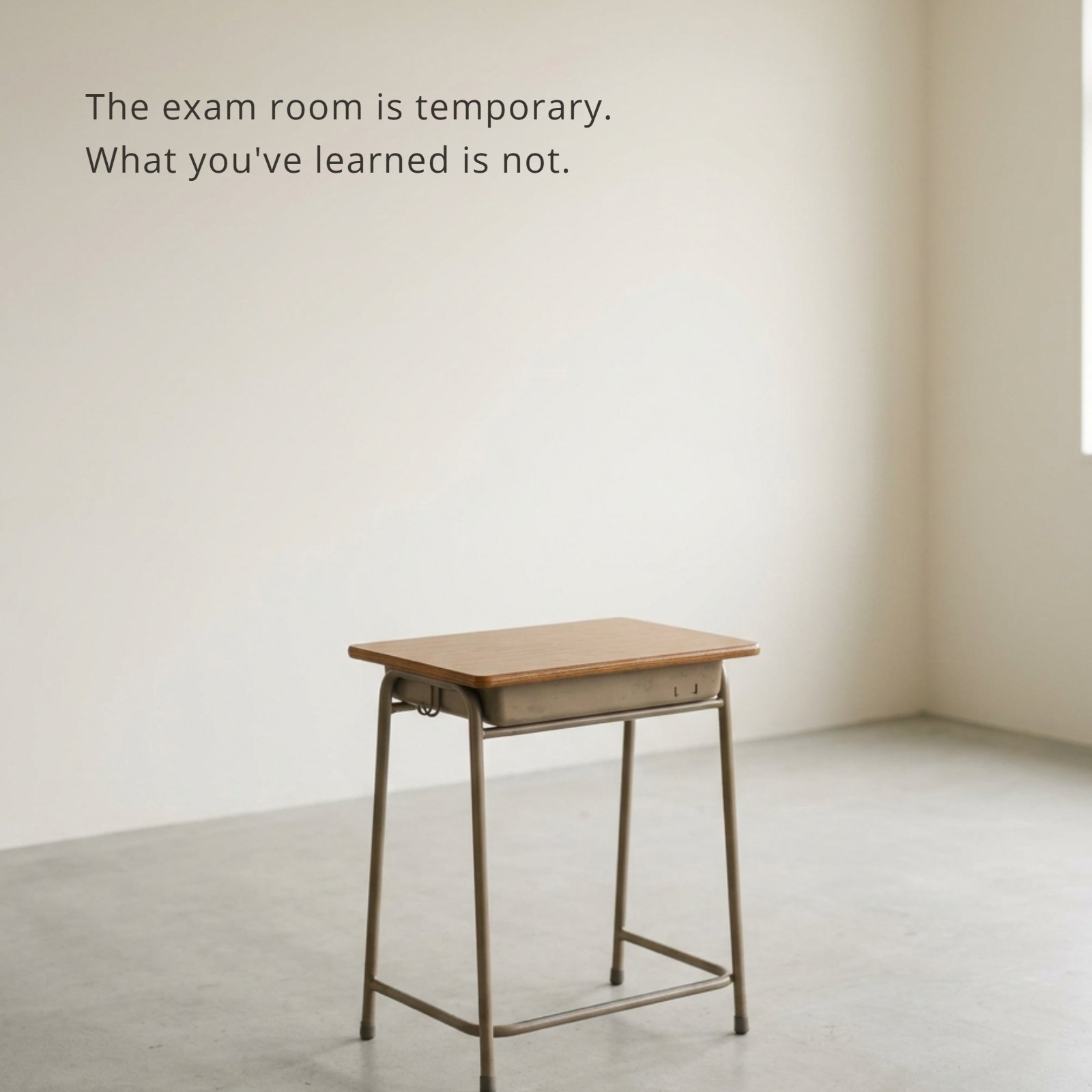 A minimalist photo of an empty wooden exam desk in a plain, softly lit classroom with the inspirational quote 'The exam room is temporary. What you've learned is not.' overlayed in simple text.