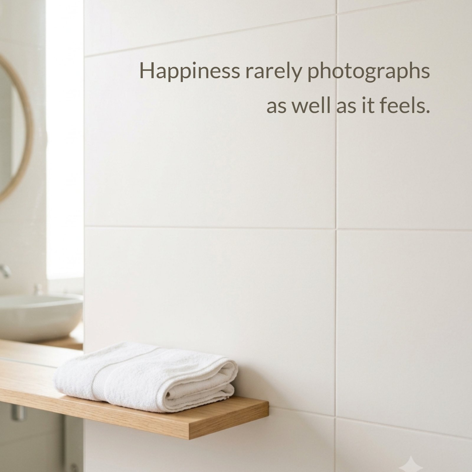 Minimalist bright bathroom with a soft light and folded white towel, showing empty tiled wall space for a deep quote about happiness.