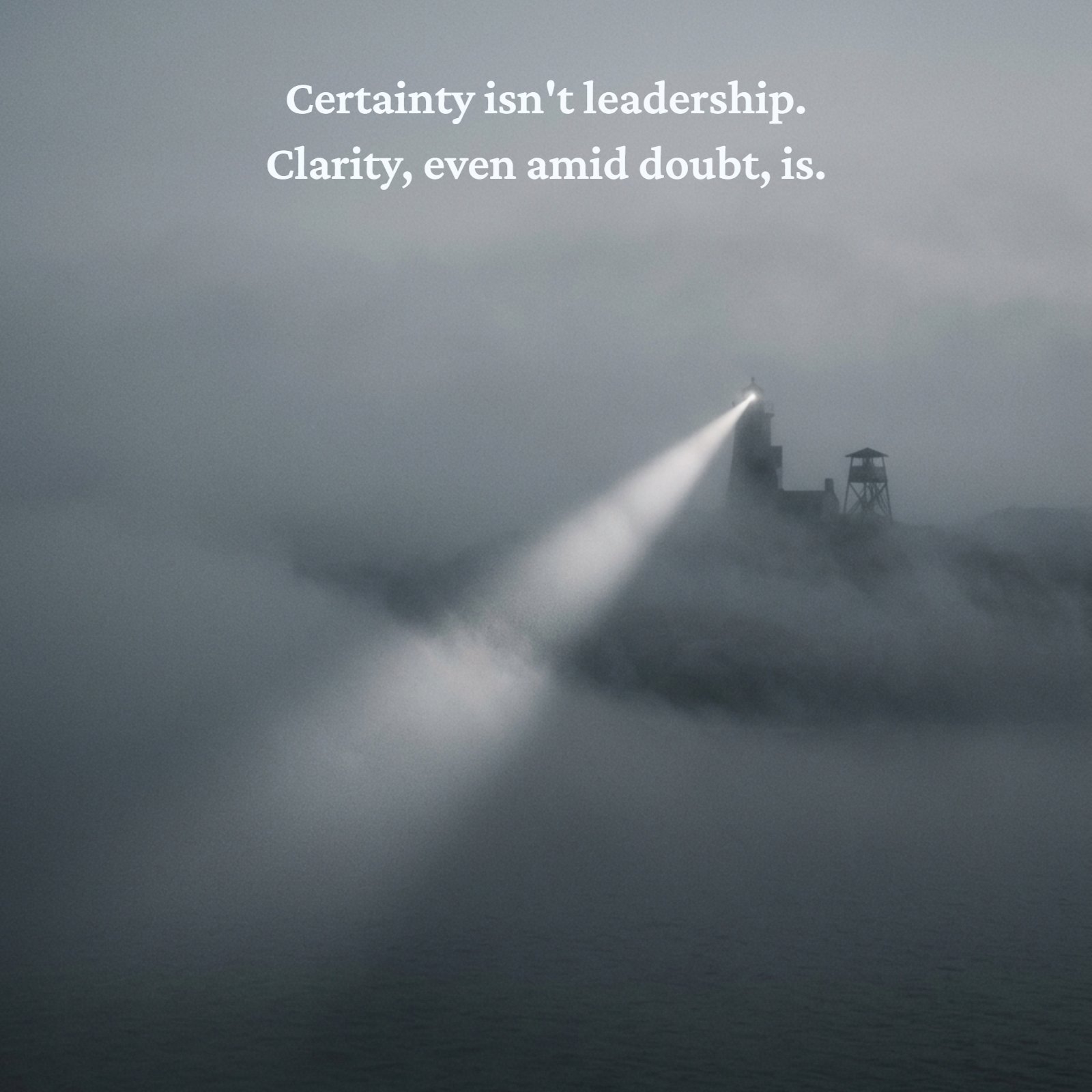 Minimalist 1:1 photo of a lighthouse beam cutting through dense fog at dusk, featuring the leadership quote: Certainty isn't leadership. Clarity, even amid doubt, is.
