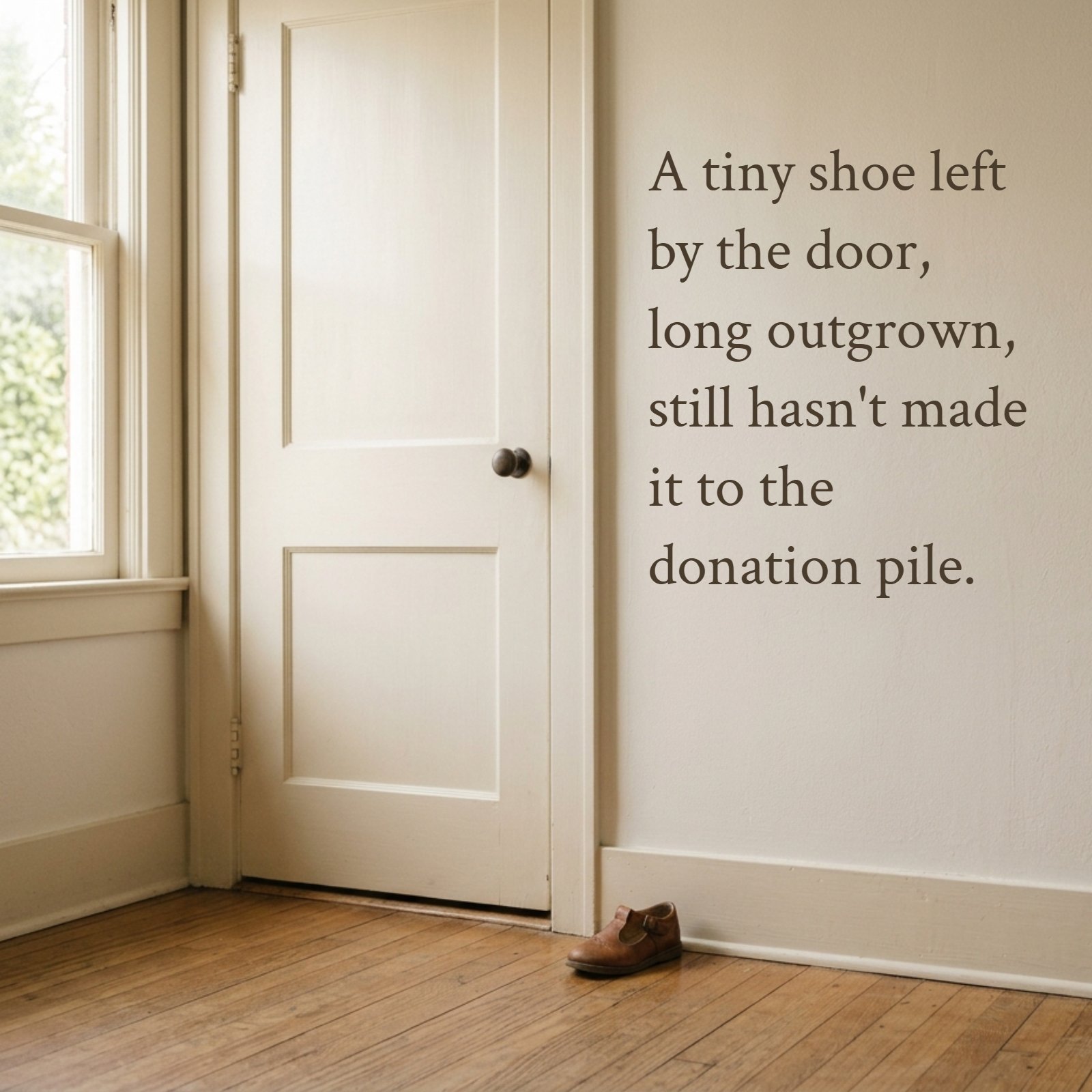 A 1:1 square photo shows a single brown toddler shoe by a light wooden door. Text overlay in a simple serif font reads: A tiny shoe left by the door, long outgrown, still hasn't made it to the donation pile.