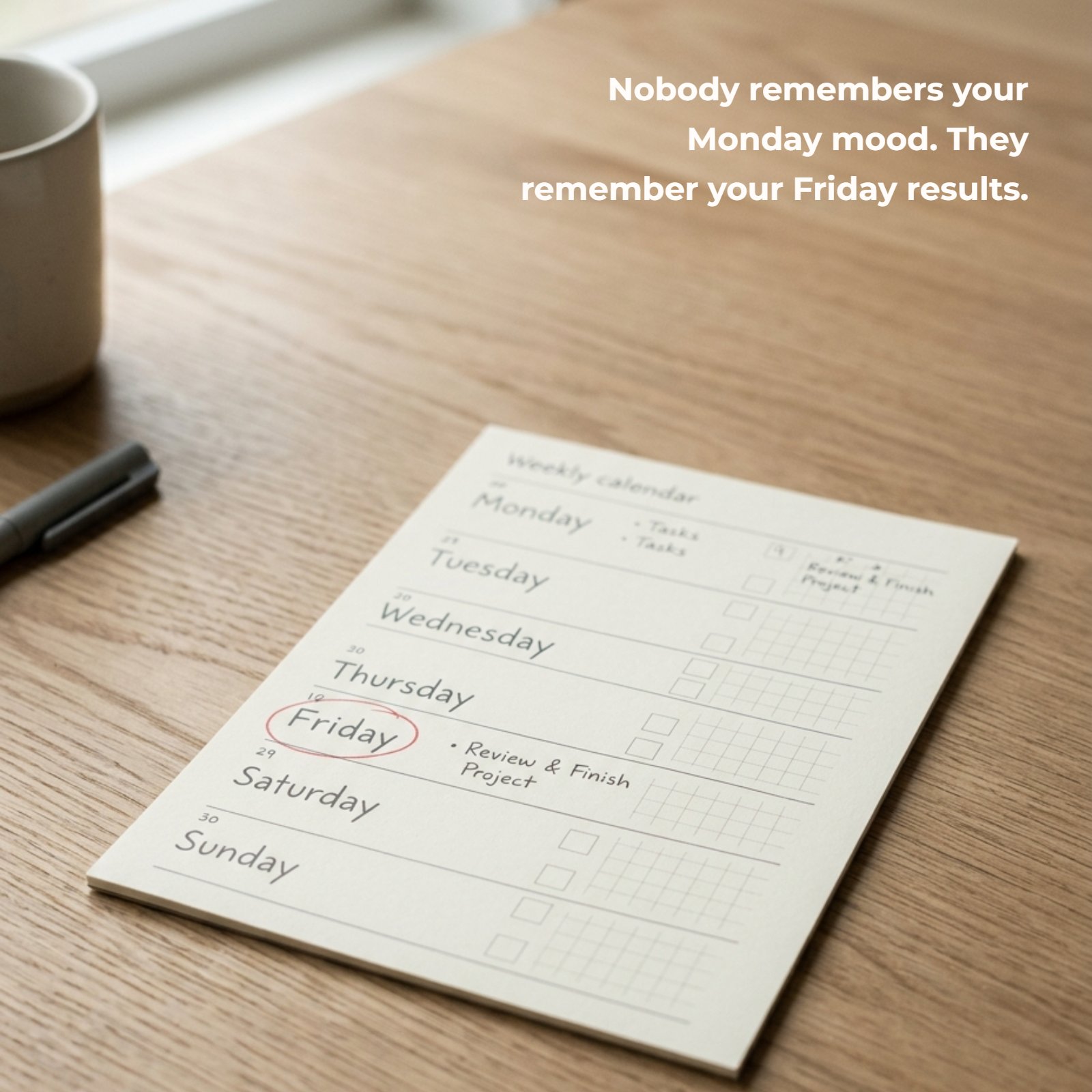 A minimalist photo on a plain neutral wooden desk of a single weekly calendar page with Friday circled in red, featuring the quote 'Nobody remembers your Monday mood. They remember your Friday results.' written in bold Montserrat font.