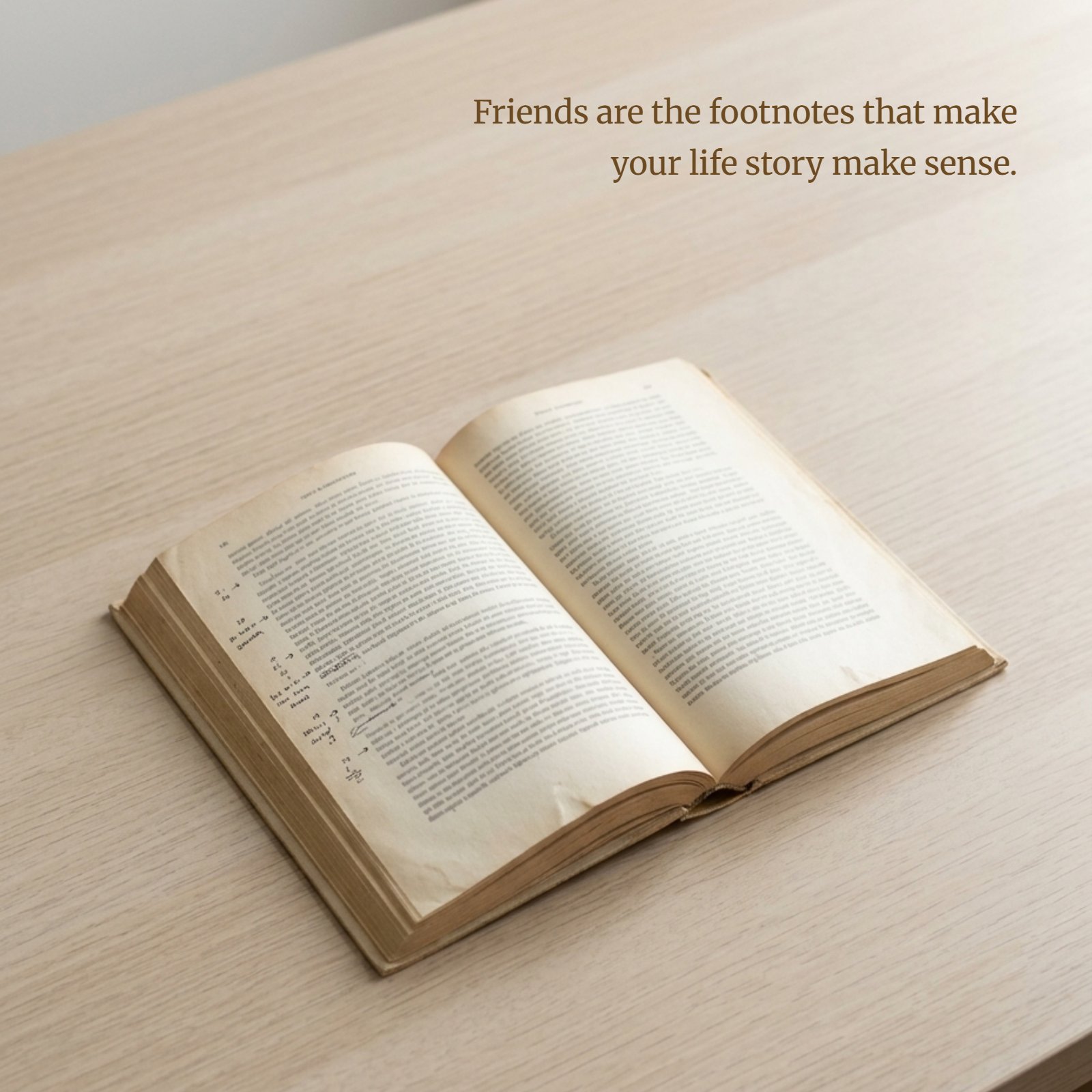 Minimalist 1:1 photo of an open book on a plain desk with small marginal notes. Overlay text reads: Friends are the footnotes that make your life story make sense.