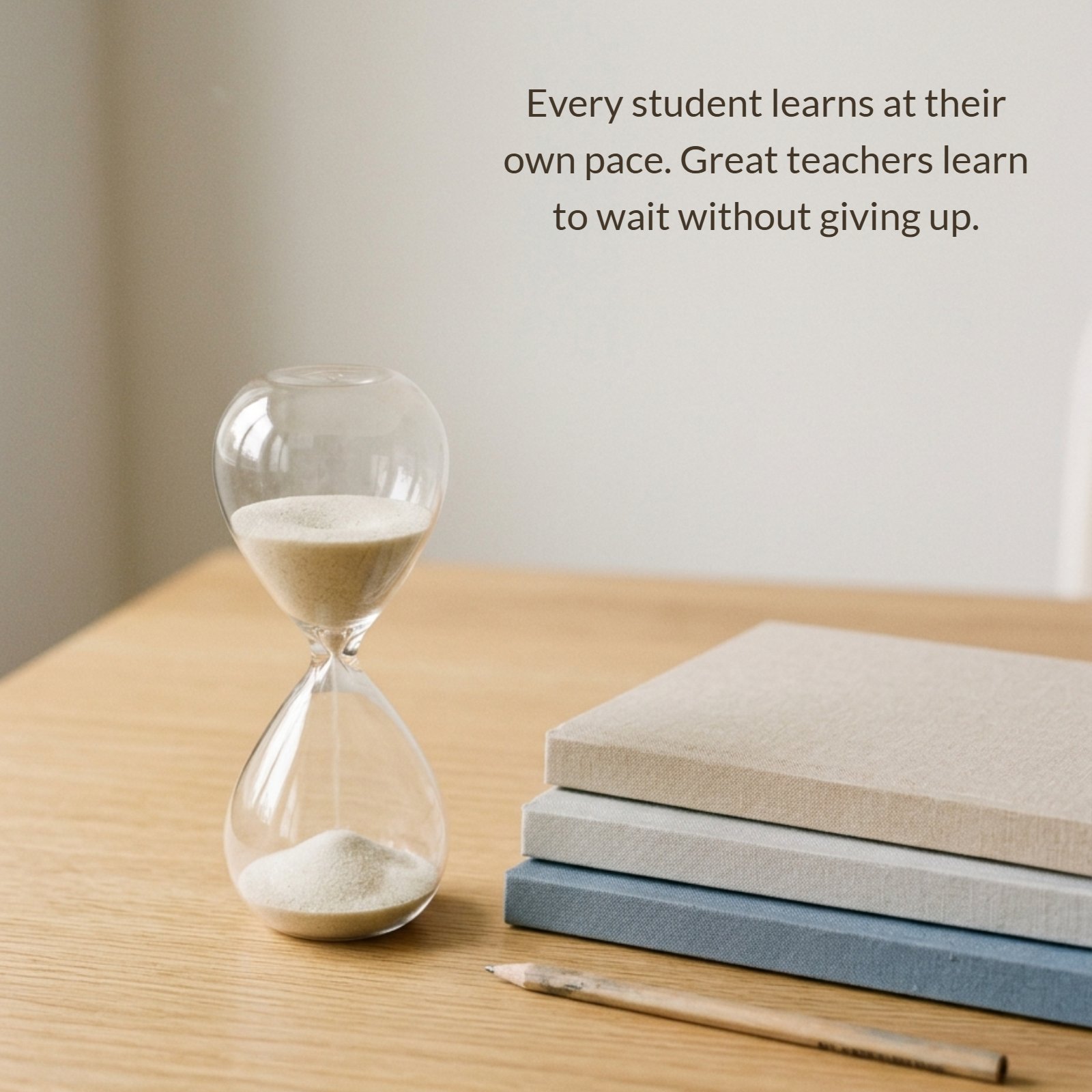 A minimalist photograph featuring an hourglass beside a stack of notebooks and a pencil. Overlaying the image is the quote: Every student learns at their own pace. Great teachers learn to wait without giving up.