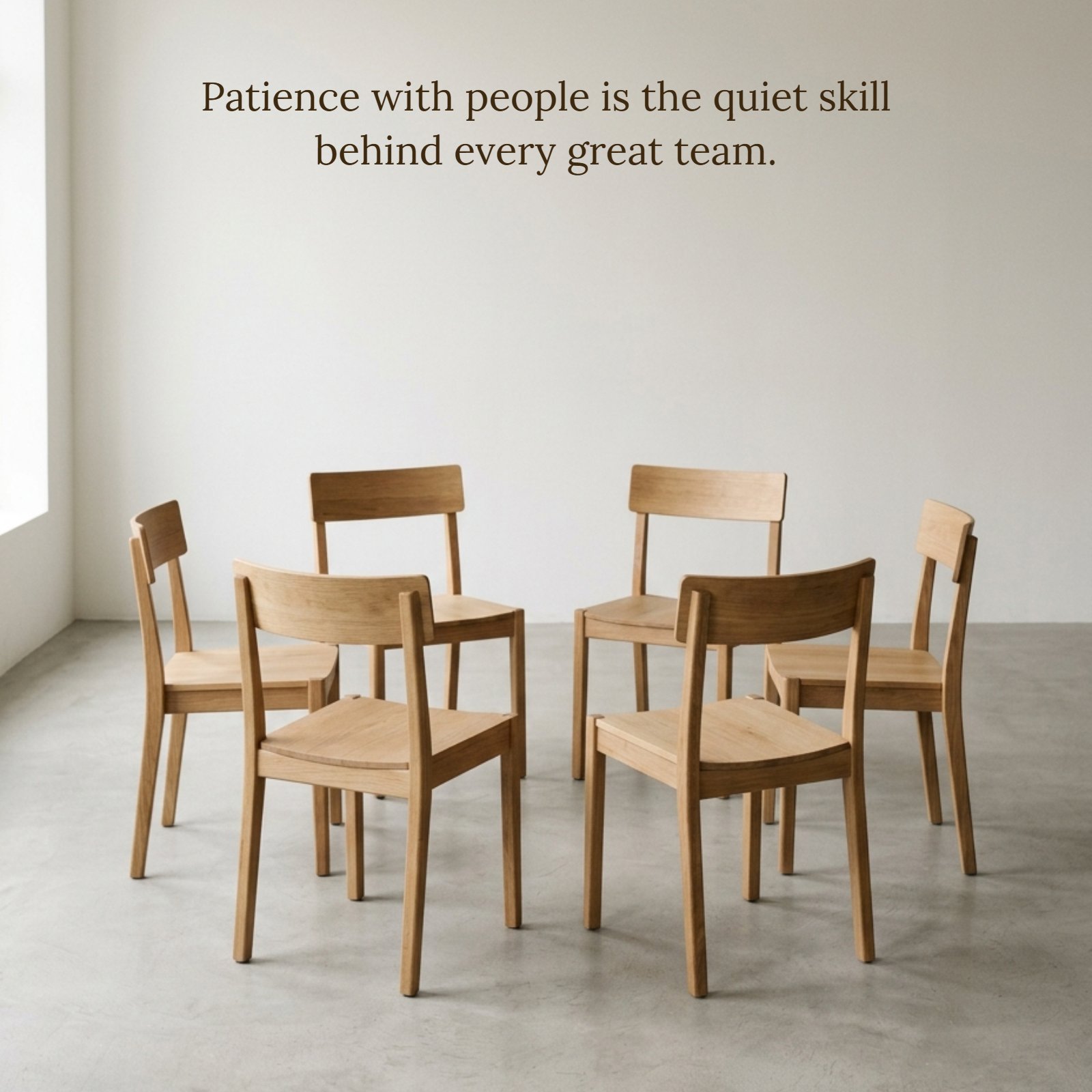 A minimalist photograph featuring a circle of wooden chairs under soft, neutral light, accompanied by the quote: Patience with people is the quiet skill behind every great team.