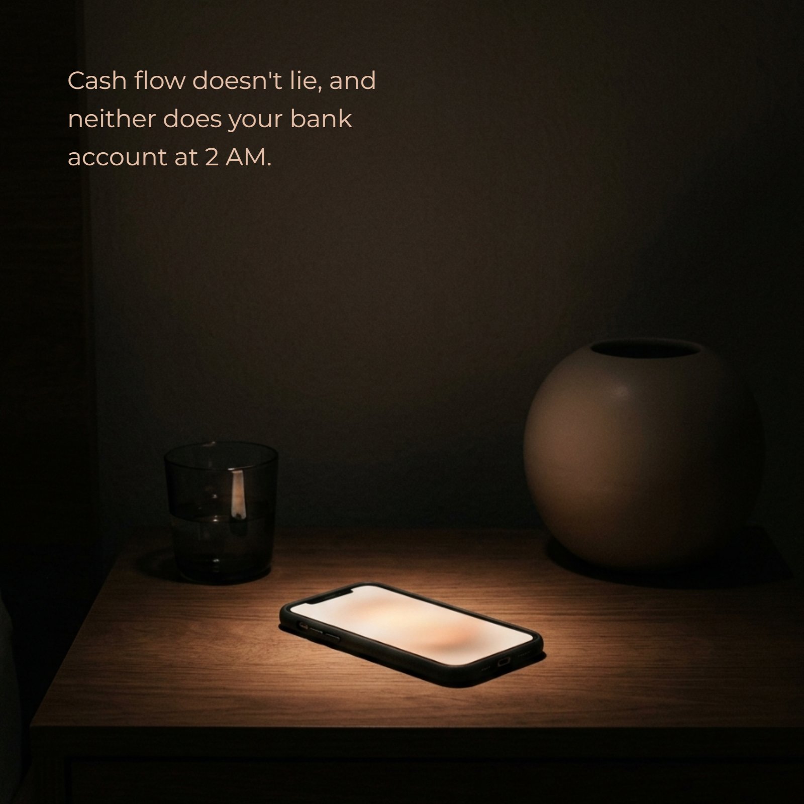 An illuminated smartphone on a dark wooden nightstand with a subtle glowing screen. Text overlay includes the quote: Cash flow doesn't lie, and neither does your bank account at 2 AM.