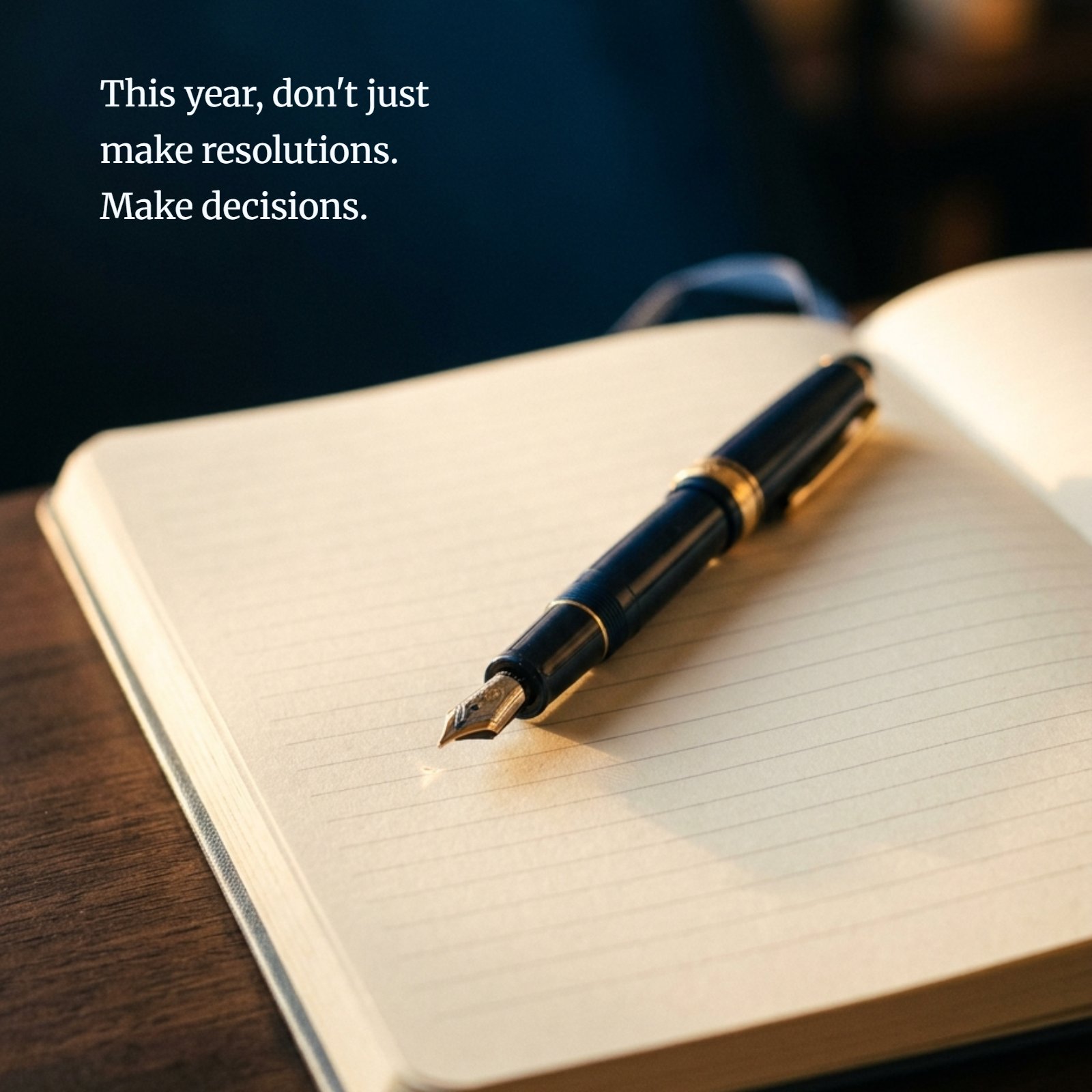 A close-up photograph of a fountain pen resting on a lined notebook page under warm light, with text overlay reading "This year, don't just make resolutions. Make decisions." against a deep blue blurred background.
