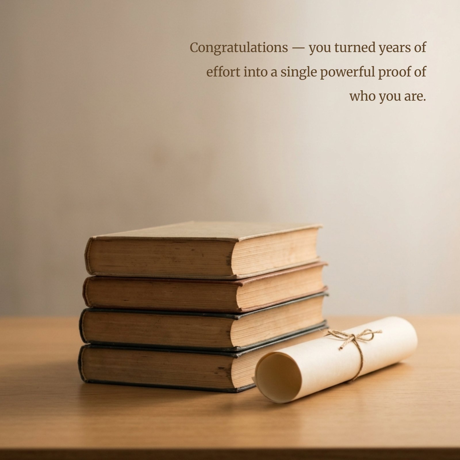 Minimalist photo of a stack of books and a diploma. Text reads: Congratulations — you turned years of effort into a single powerful proof of who you are.
